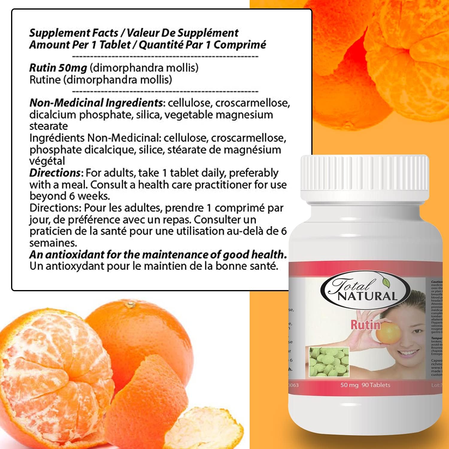 Total Natural Rutin 50mg 90 comprimidos 1 botella, ayuda a absorber y utilizar la vitamina C, mejora la salud vascular, cuidado de la vista