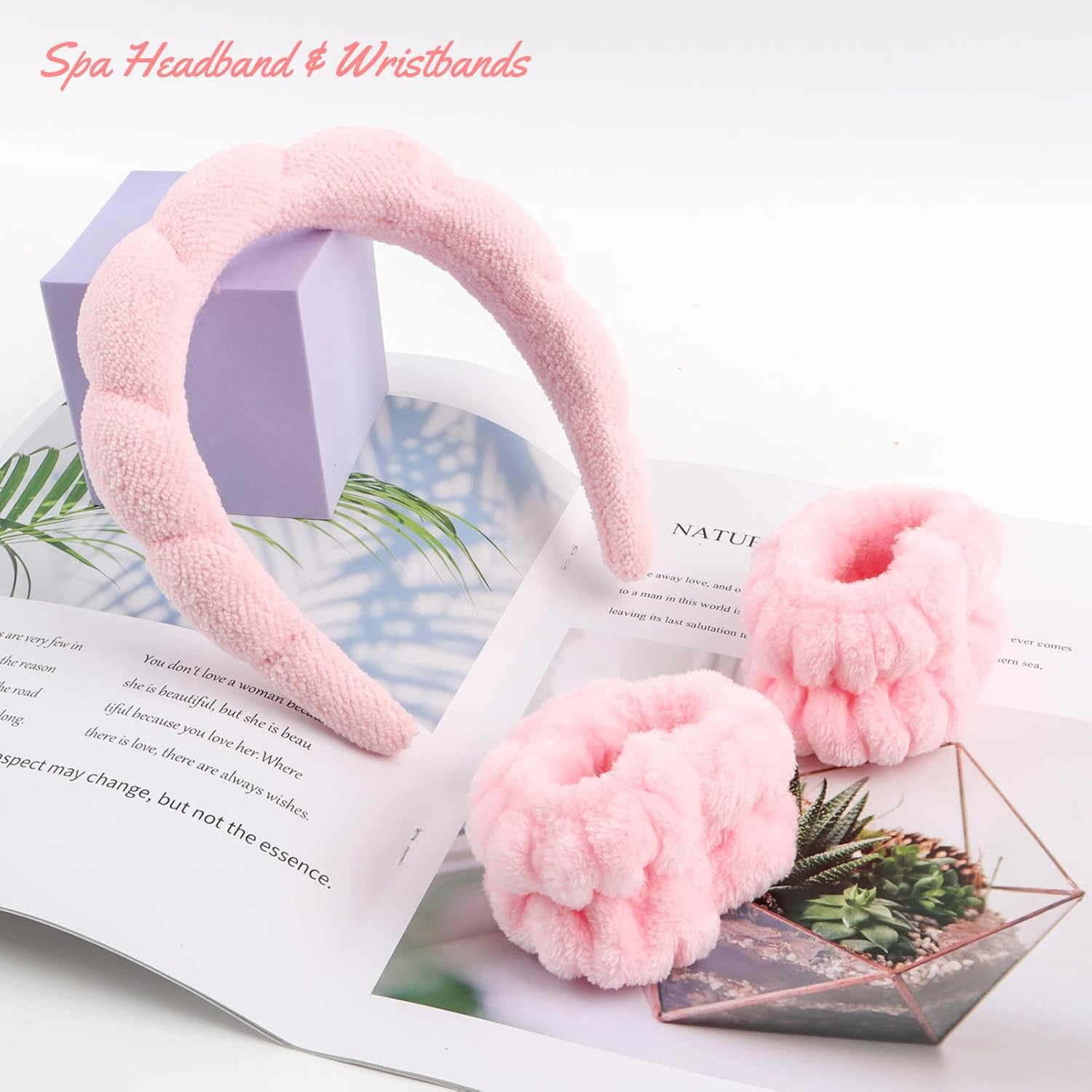 BAHABY Diadema de spa para lavar la cara, cuidado de la piel, maquillaje, diadema de esponja, diadema de spa y muñequera, nubes suave banda para el