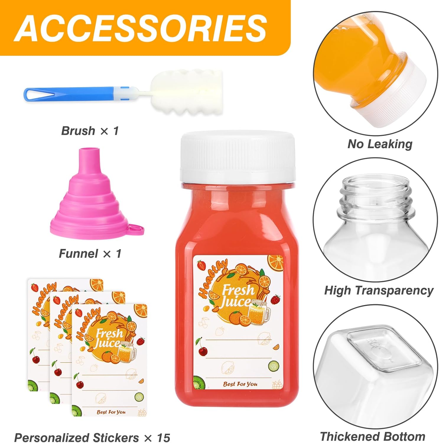 Moretoes Botellas de chupito de 4 onzas con tapas, 15 botellas de plástico para jugos, recipientes de bebidas a granel con tapas para jugos,