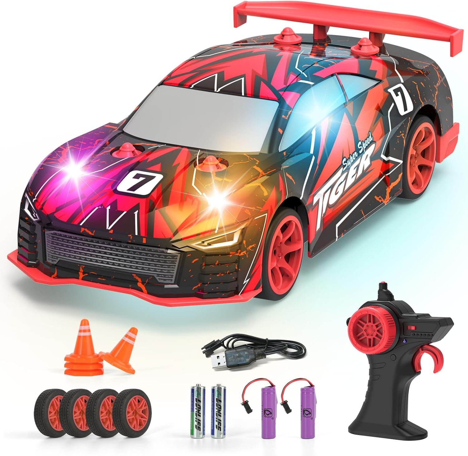 FLYNOVA Auto de deriva a control remoto, vehículo de control remoto de 2.4 GHz con luces LED intermitentes, diversión de carreras de alta velocidad