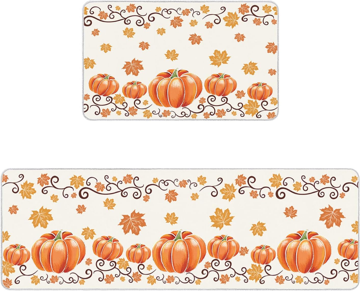 Alfombras de cocina de Acción de Gracias, 2 piezas de hojas de arce y calabaza naranja, antideslizantes, para piso, alfombra de pasillo lavable para