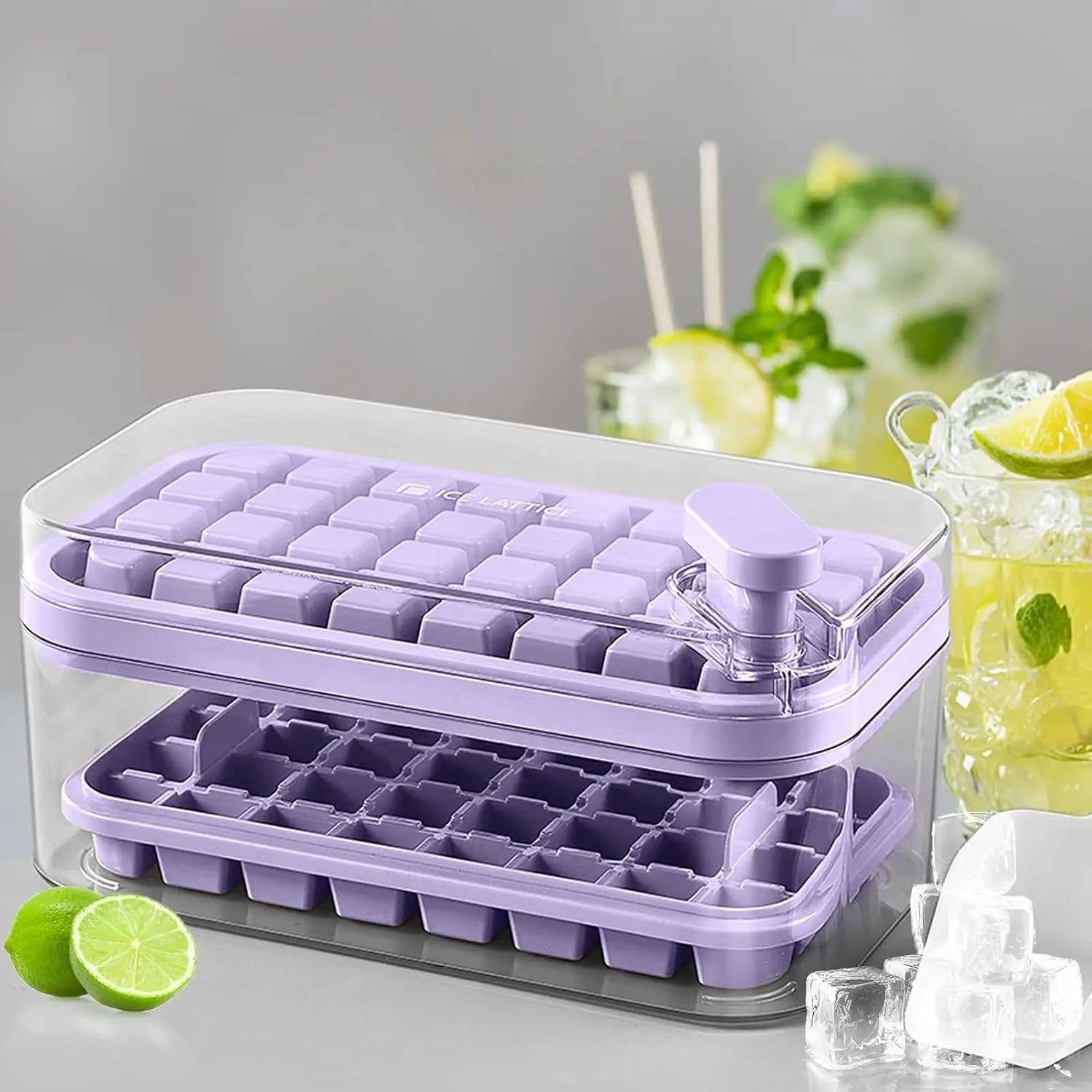 Molde para cubitos de hielo con contenedor, tapa y cuchara (morado)