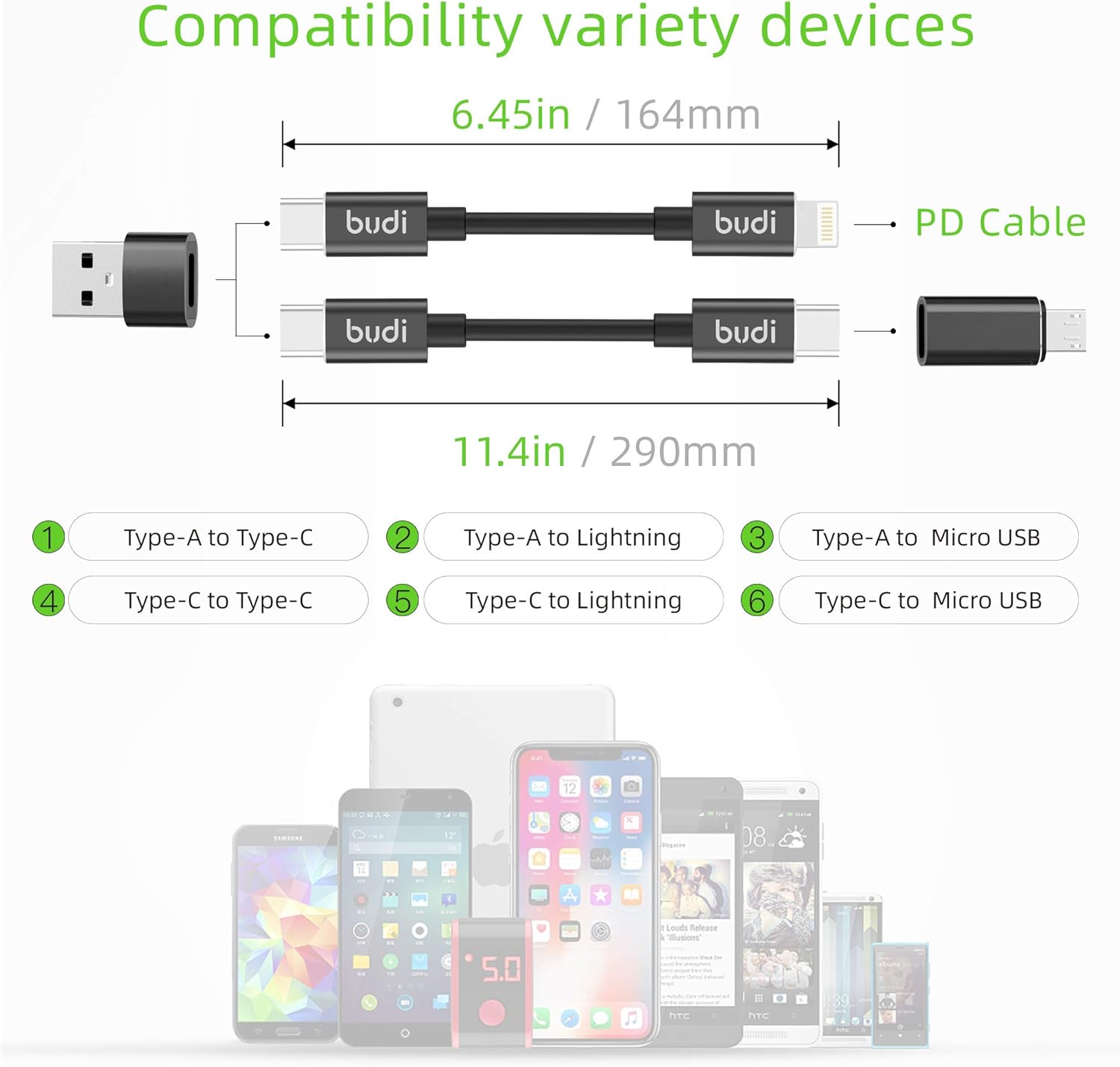 BUDI Cable USB tipo C certificado MFi y 3 tipos de adaptadores USB, juego de combinación de adaptador USB, convertidor de cable, caja de