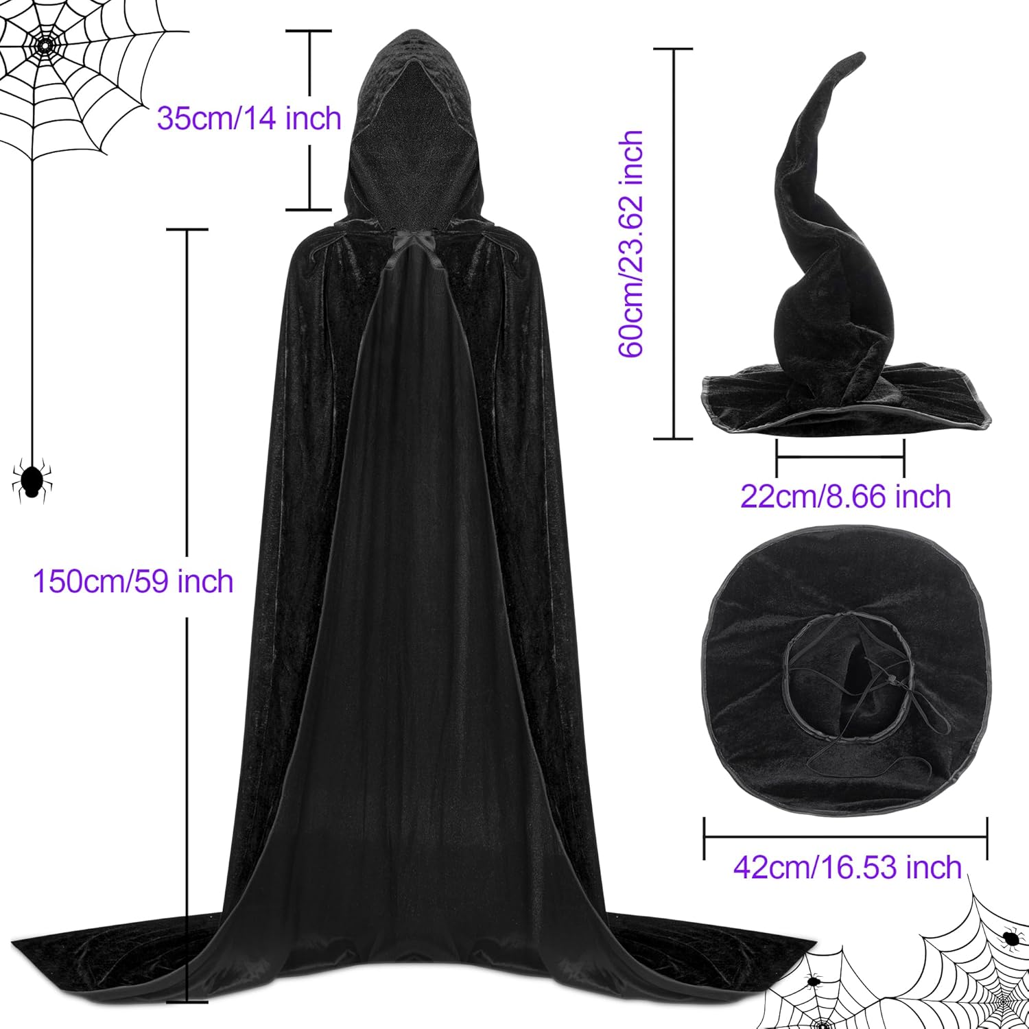 Enhon Conjunto de disfraz para Halloween, capa con capucha y sombrero de bruja, capa de terciopelo negro y sombrero de mago malvado para mujer,