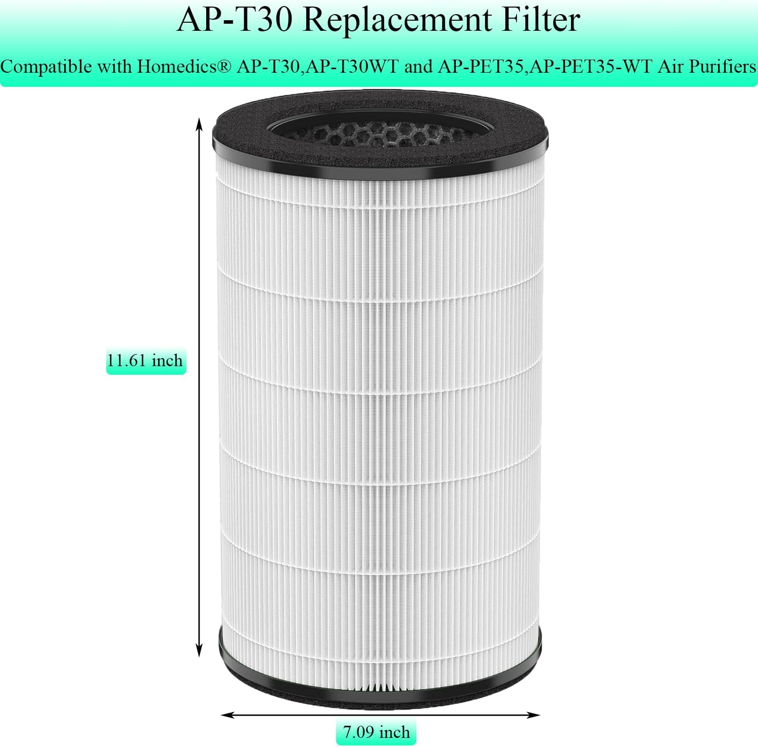 Filtro de repuesto AP-T30, compatible con purificador de aire Homedics AP-T30, AP-T30WT, AP-PET35, AP-PET35-WT, reemplazo del filtro de purificador