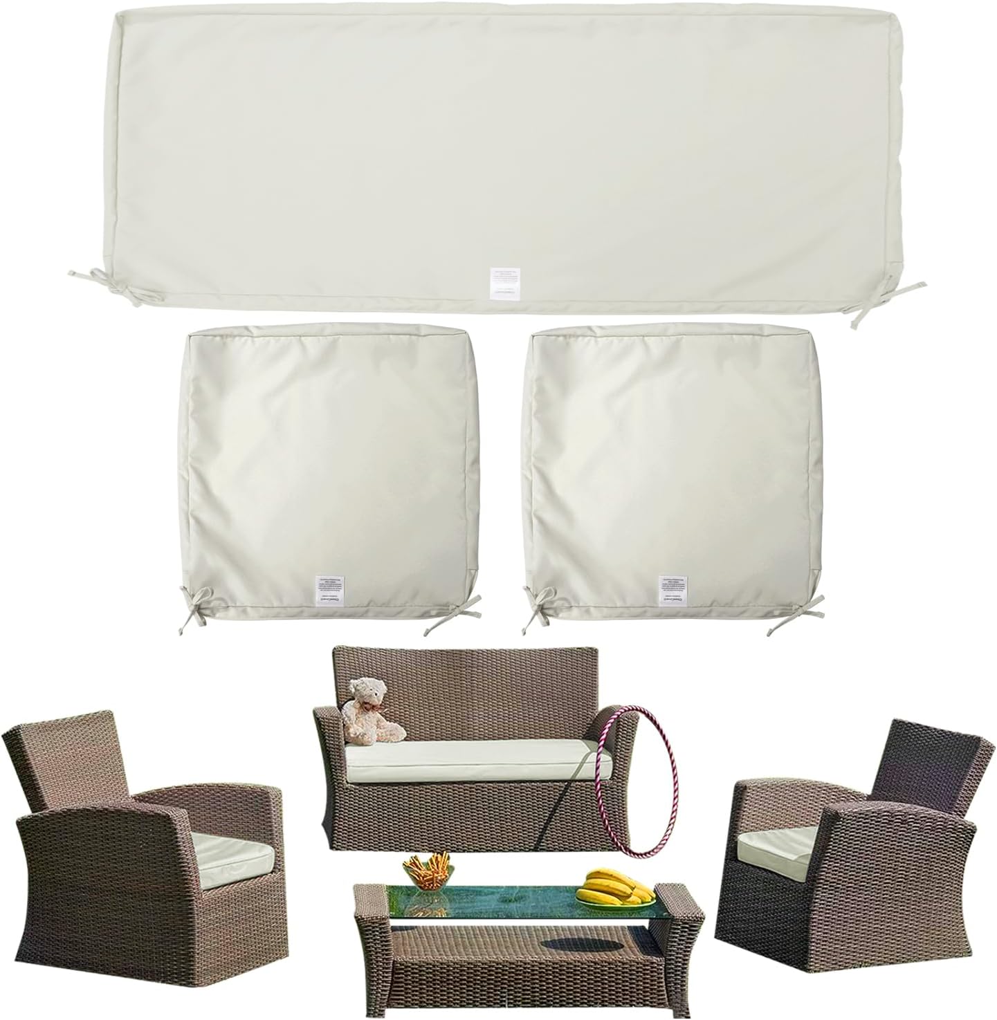 ClawsCover Paquete de 3 fundas de repuesto para cojines de asiento de patio al aire libre para 4 piezas de mimbre de 4 plazas, juego de conversación