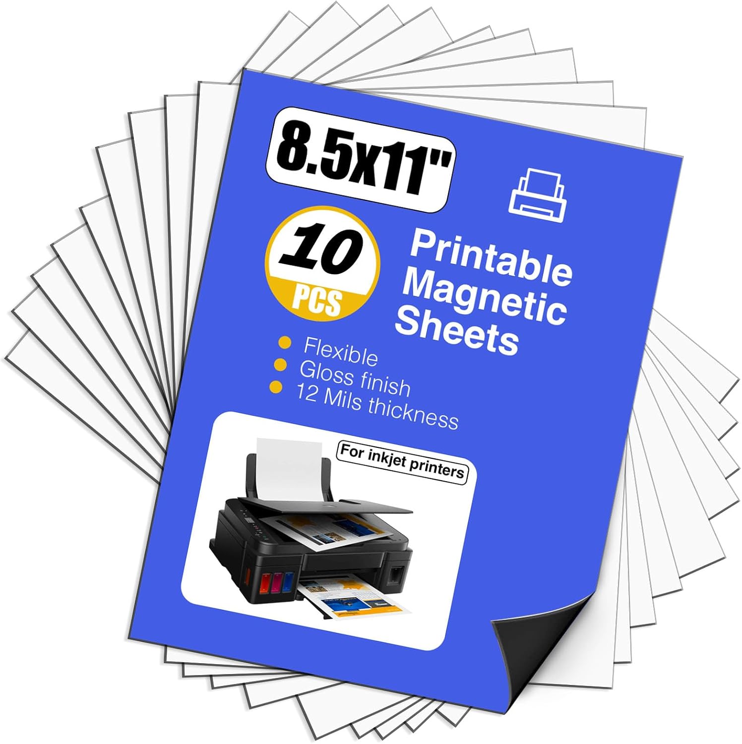 Hojas de brillo magnético imprimible, 8.5 x 11 pulgadas, 10 hojas de papel magnético para impresora de inyección de tinta, no adhesivo flexible para