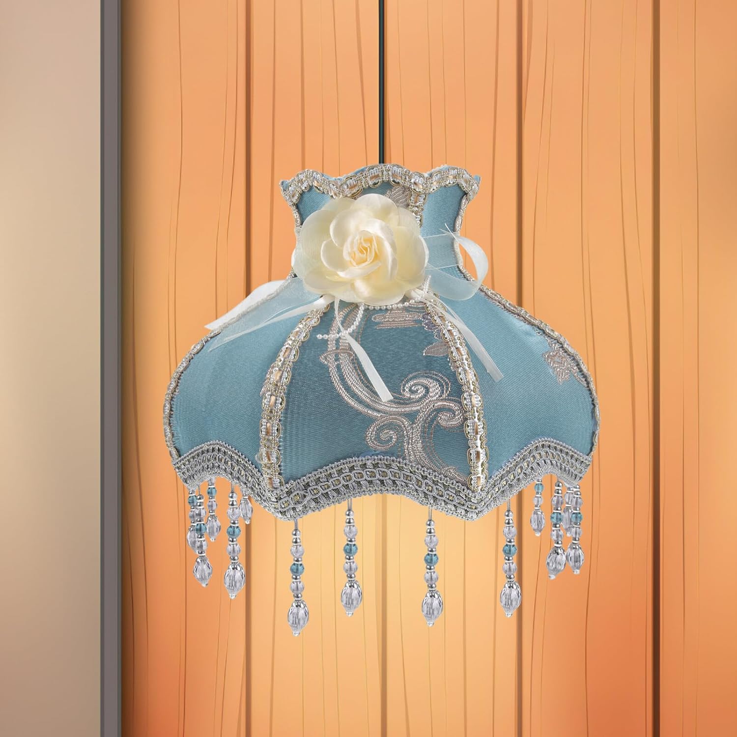Housoutil Pantalla de lámpara vintage, pantalla victoriana con cuentas de flecos festoneados cúpula cubierta de lámpara de tela europea antigua,