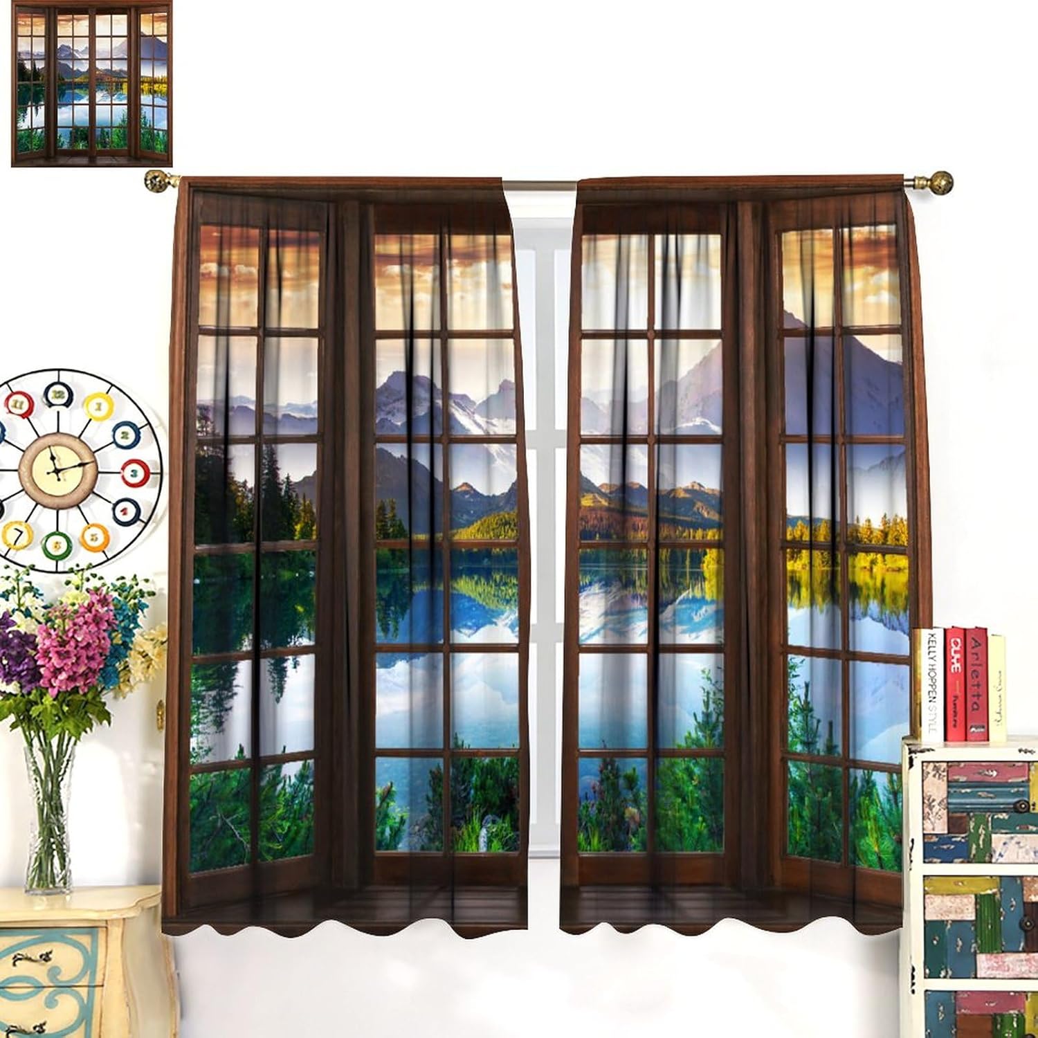 Cortinas de paisaje, paisaje natural, temático, bosque, lago, montaña, escena 3D, bolsillo para barra, cortinas opacas para ventana, para