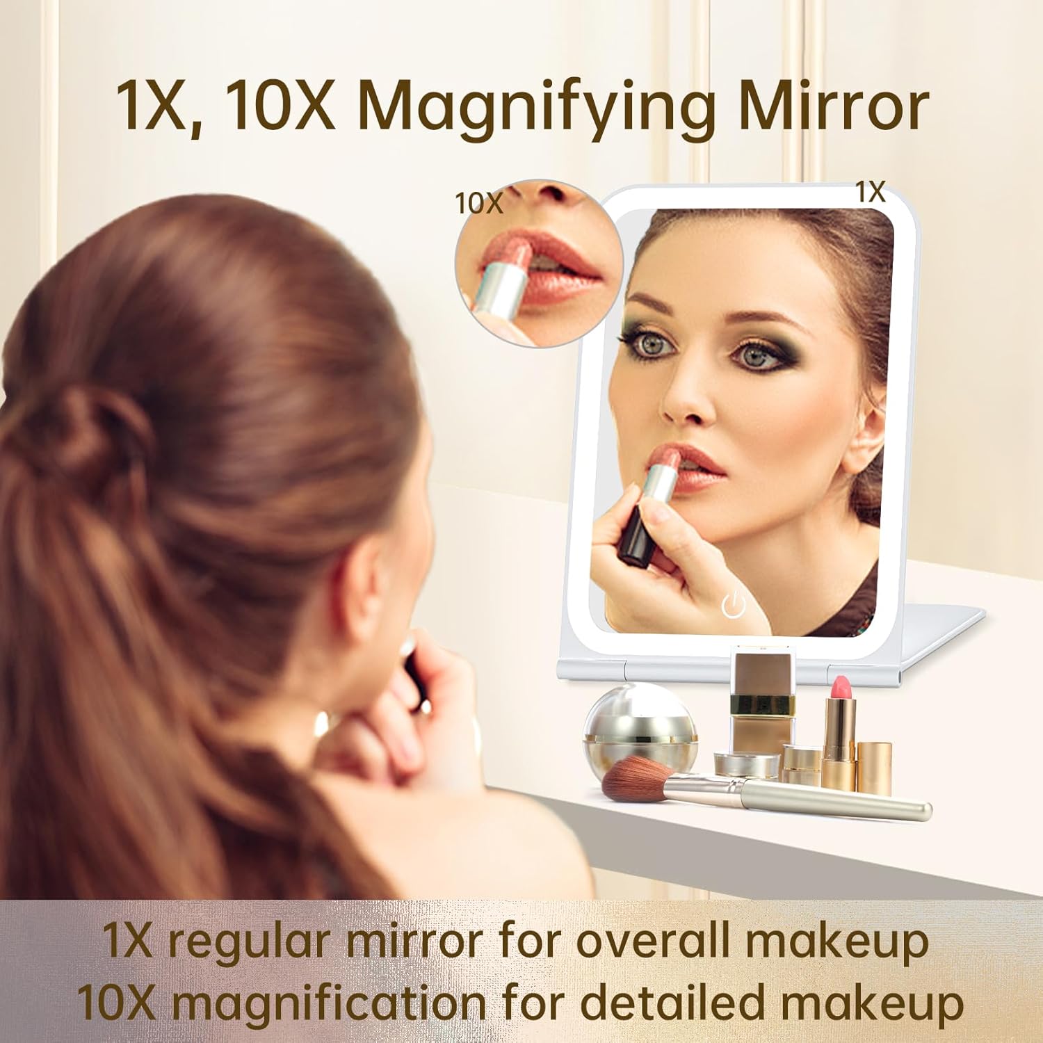 Espejo de maquillaje de viaje recargable con espejo de aumento de 10X, espejo de maquillaje iluminado con 72 LED, iluminación de 3 colores, pantalla