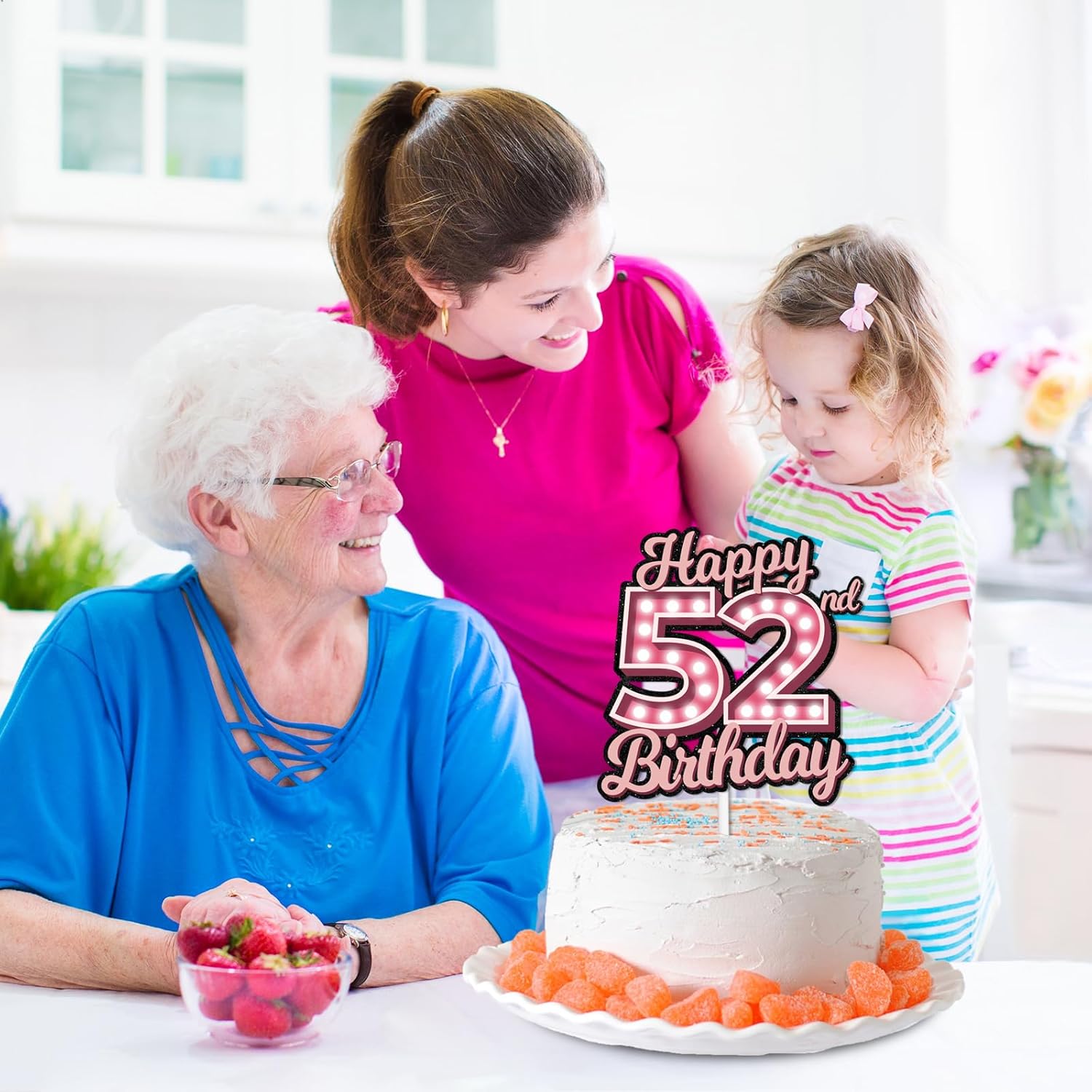 Decoración de pastel de cumpleaños 52 con purpurina rosa Let’s Glow Crazy Party Theme Decor Supplies Men Women Happy Birthday 52 Anniversary Party