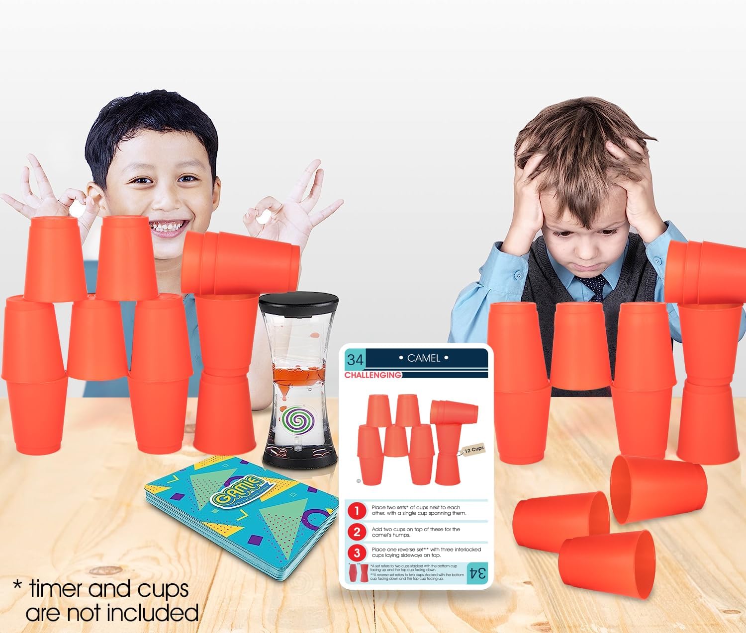 Gamie Juego de cartas de desafío para apilar tazas, 40 cartas adicionales con instrucciones (idioma español no garantizado), 20 cartas medianas y 20