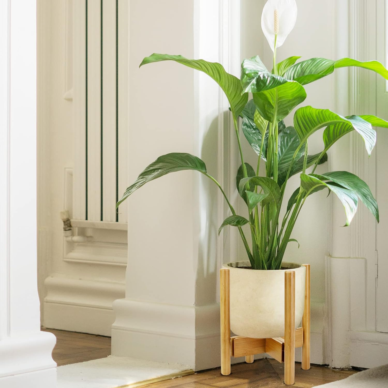 1 soporte ajustable para plantas de interior, soporte para plantas de mediados de siglo de 11.8 pulgadas, soporte estable de bambú natural para