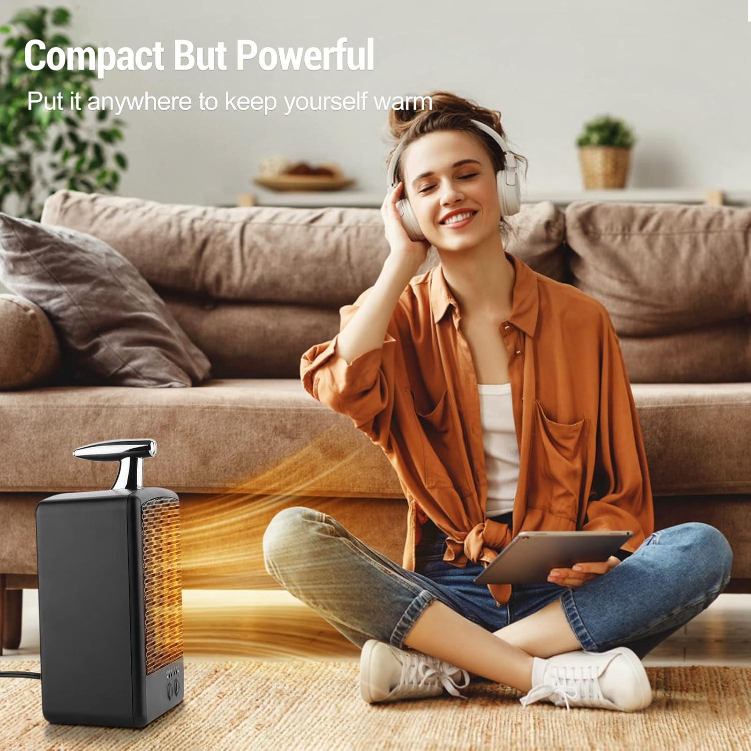 ACTICO Calentador de espacio, calentador de cerámica PTC de 1200 W600 W, interruptor de 2 velocidades y función de temporizador, calentador portátil