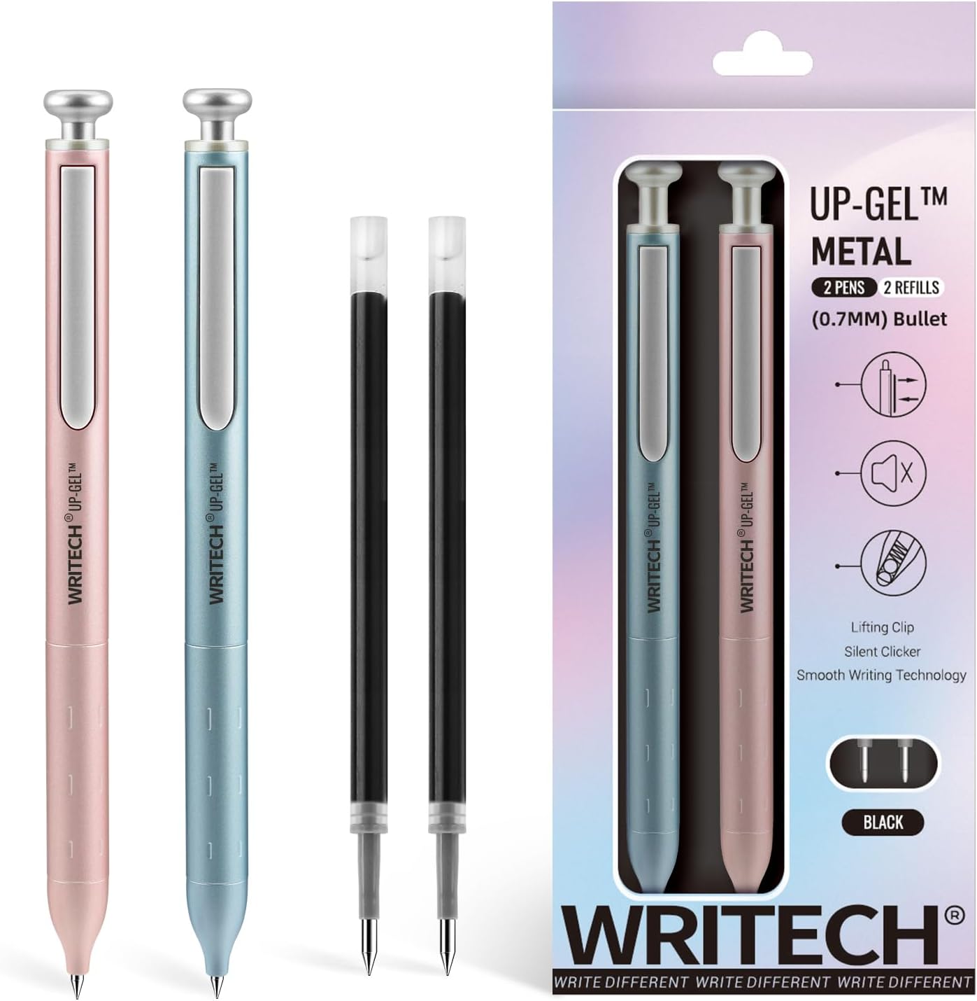 WRITECH Bolígrafos de gel de punta fina barril de metal premium retráctil de 0.028 in, bolígrafo de tinta negra, 2 unidades con 2 recargas, sin