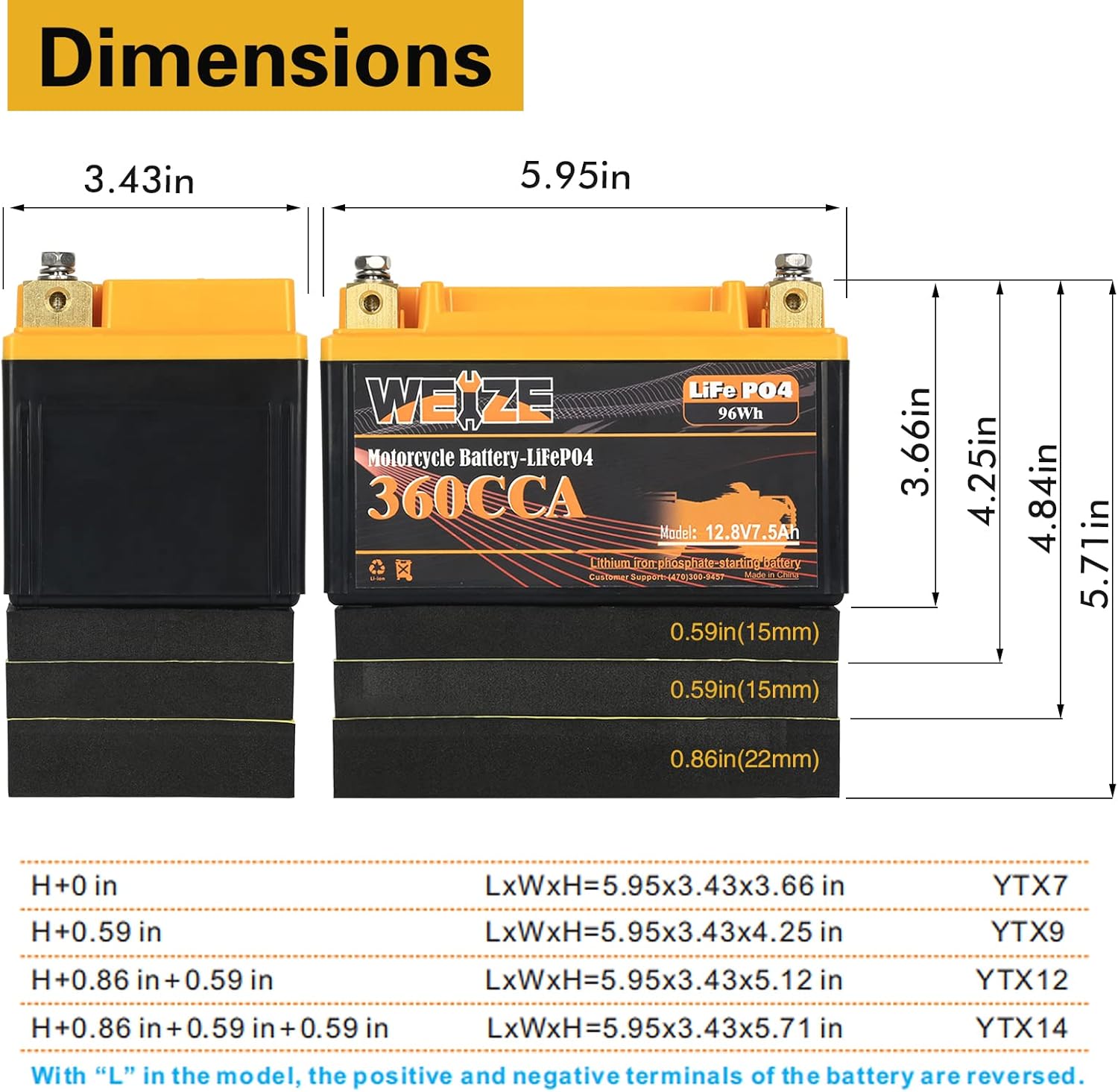 Weize YTX14-BS – Batería de litio, 360CCA, BMS inteligente integrado, 12 v, 7.5AH, YTX9-BS, LiFePO4, YTX12-BS, para motocicleta, cuatrimoto,