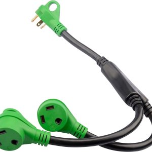 RVGUARD Cable adaptador RV Y con mango 30 Amp TT-30 macho enchufe a dos 30 Amp TT-30 hembra, verde RVGUARD Cable adaptador RV Y con mango 30 Amp TT-30 macho enchufe a dos 30 Amp TT-30 hembra, verde