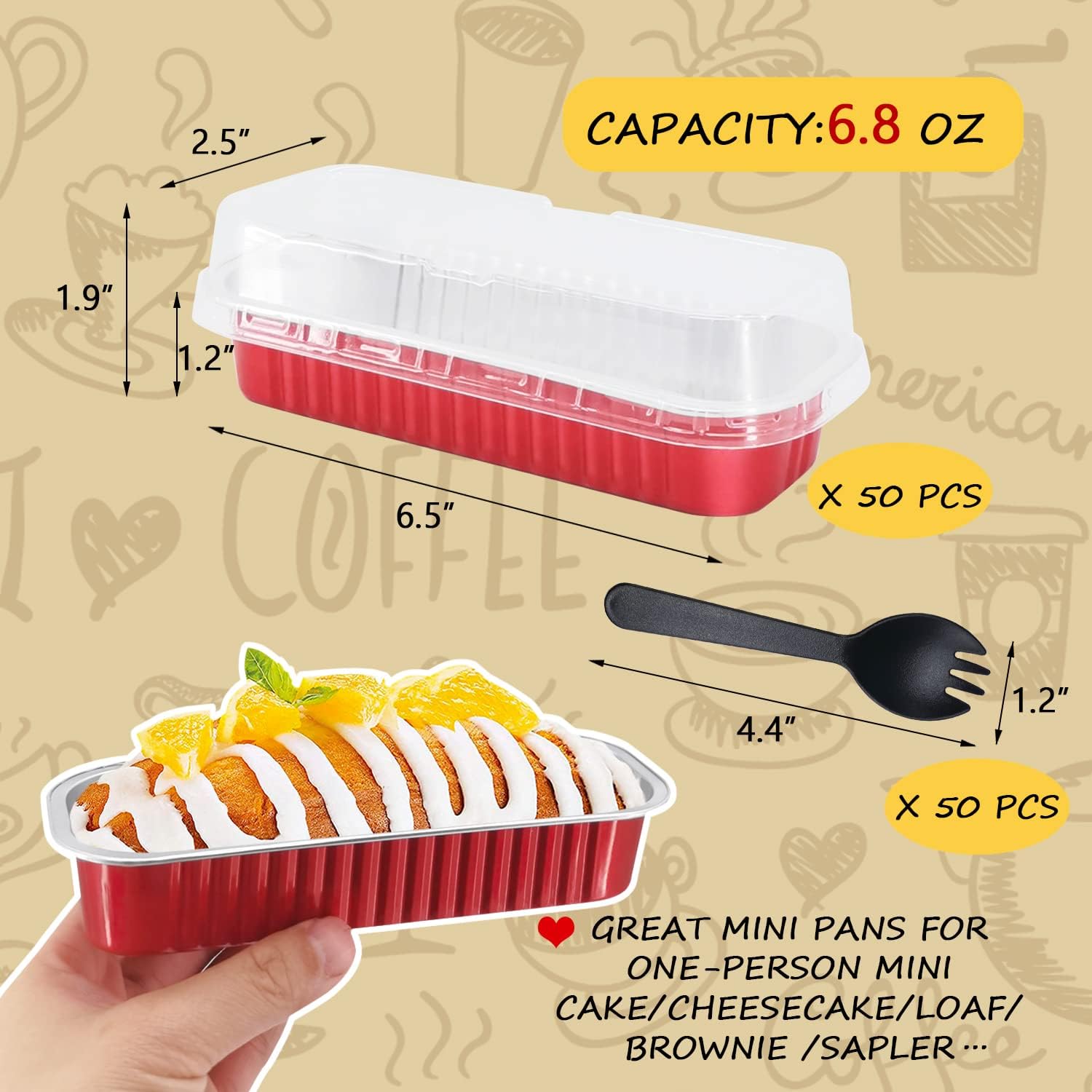 LNYZQUS Mini moldes para hornear con tapas, paquete de 50 moldes de aluminio de 6.8 onzas, moldes pequeños para pan, moldes rectangulares para