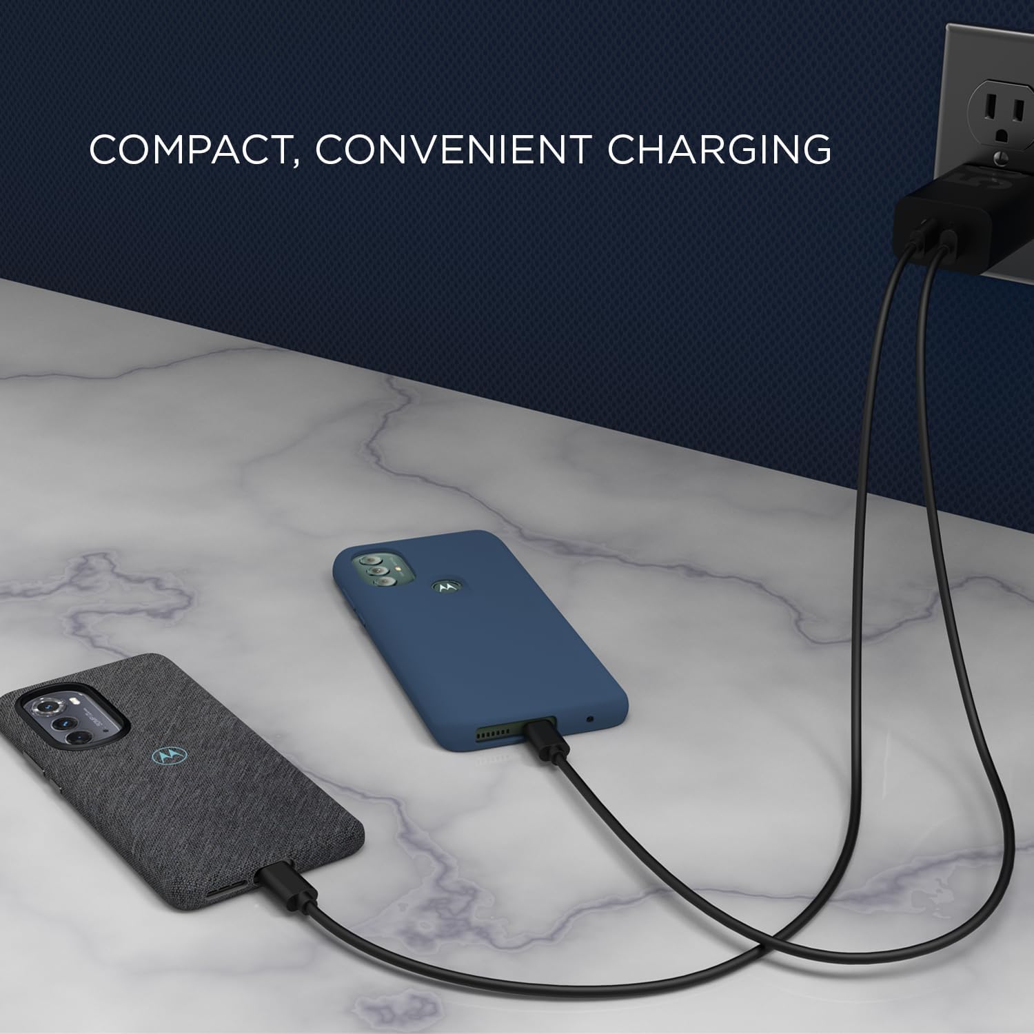 Motorola Cargador TurboPower Share de 50 W – Doble puerto USB-A y USB-C, potente USB-PD (suministro de energía) y salidas QC3.0 con cable USB-C de