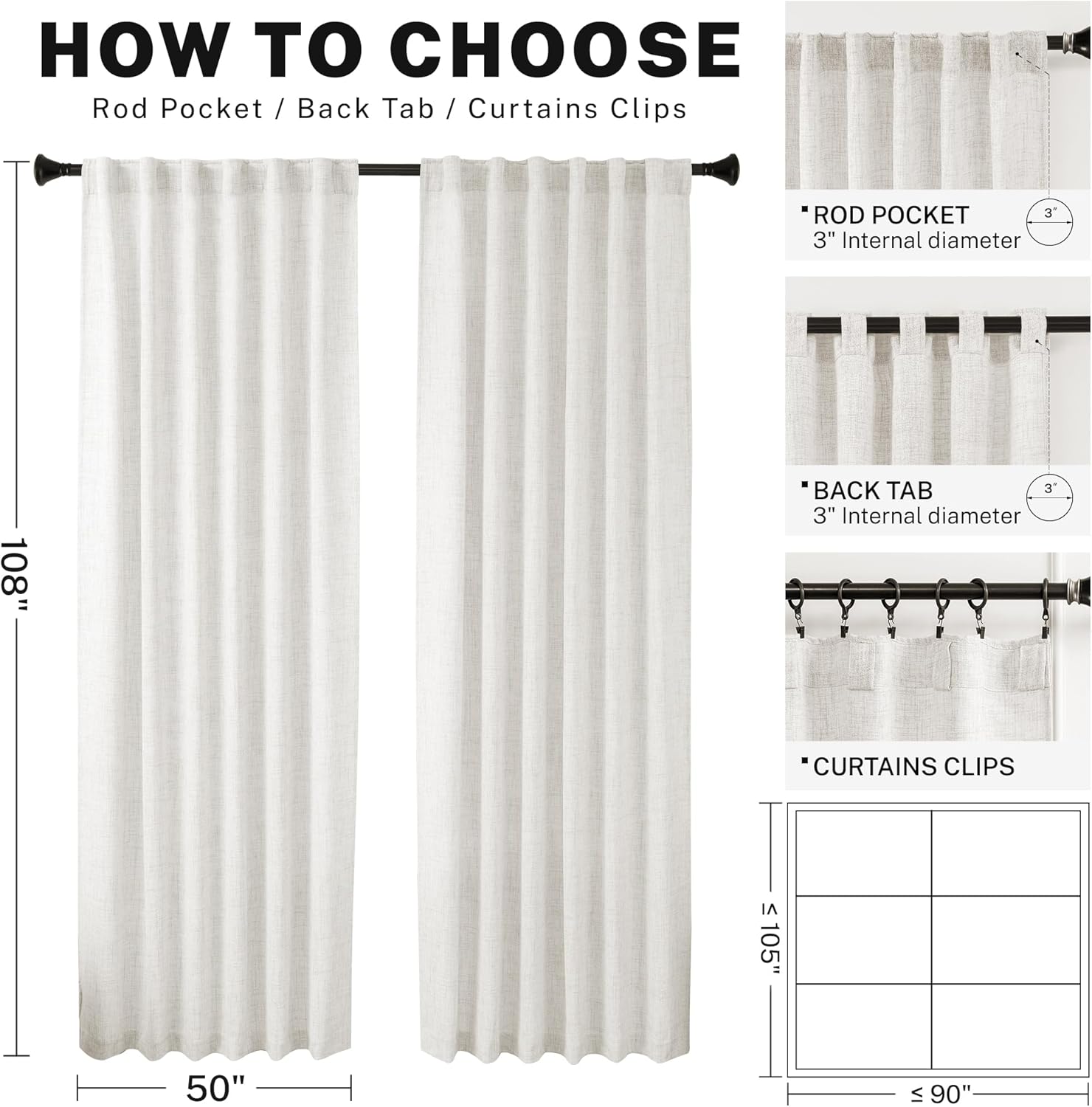 Cortinas de lino marfil de 108 pulgadas de largo para sala de estar, juego de 2 paneles de color blanco crema con pestaña trasera, cortinas de lino