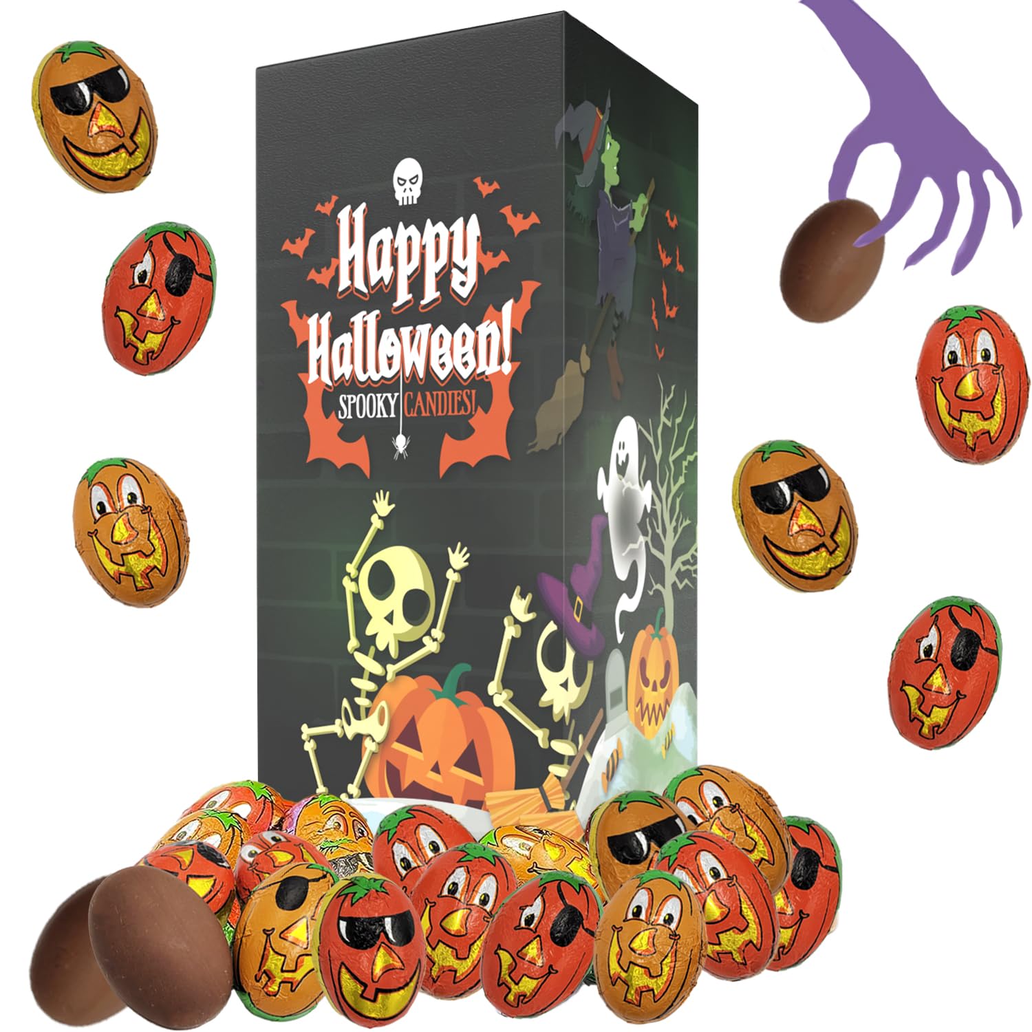 Amigos de calabaza de Halloween, rellenos de bolsas de fiesta de truco o trato, envueltos individualmente en láminas de diseño de cara de calabaza
