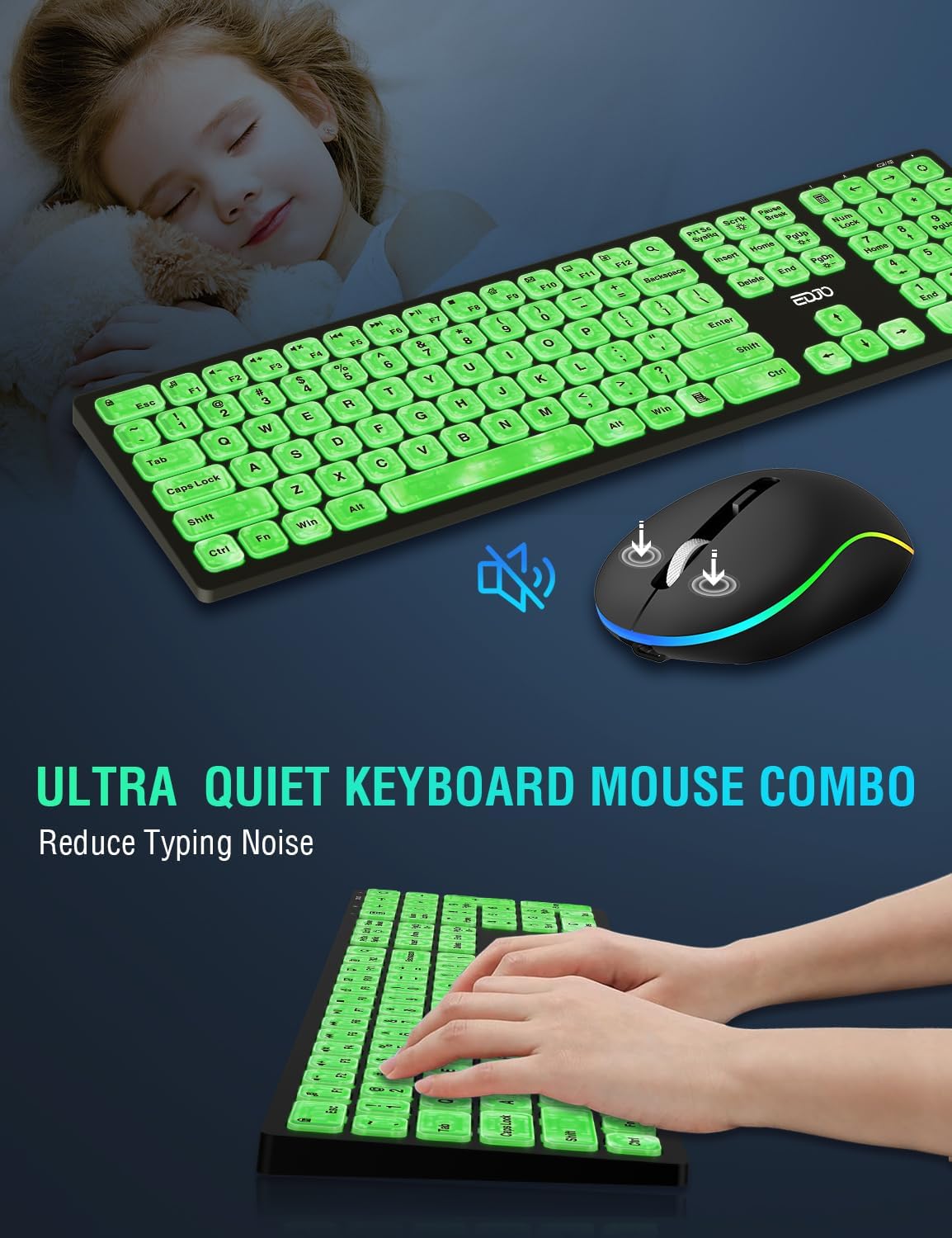 Combo de teclado y mouse inalámbricos, 7 efectos retroiluminados, teclado silencioso con mouse RGB, recargable, delgado, modo de sueño, juego de