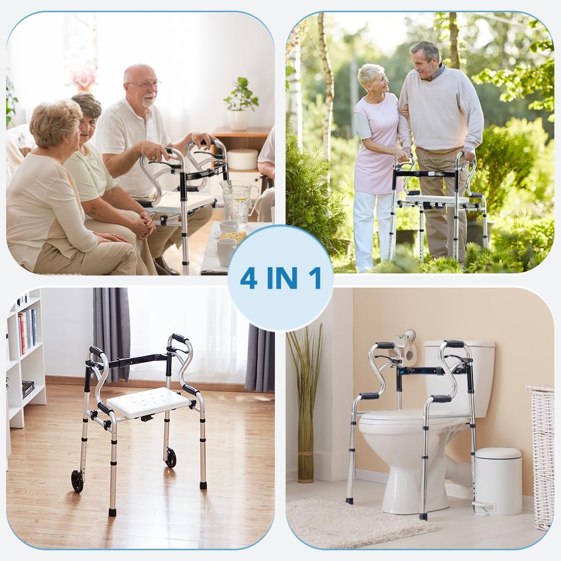 Health Line Massage Products – Andador plegable 4 en 1 con asiento de productos de masaje, andadores plegables ajustables de ancho con ruedas de 5
