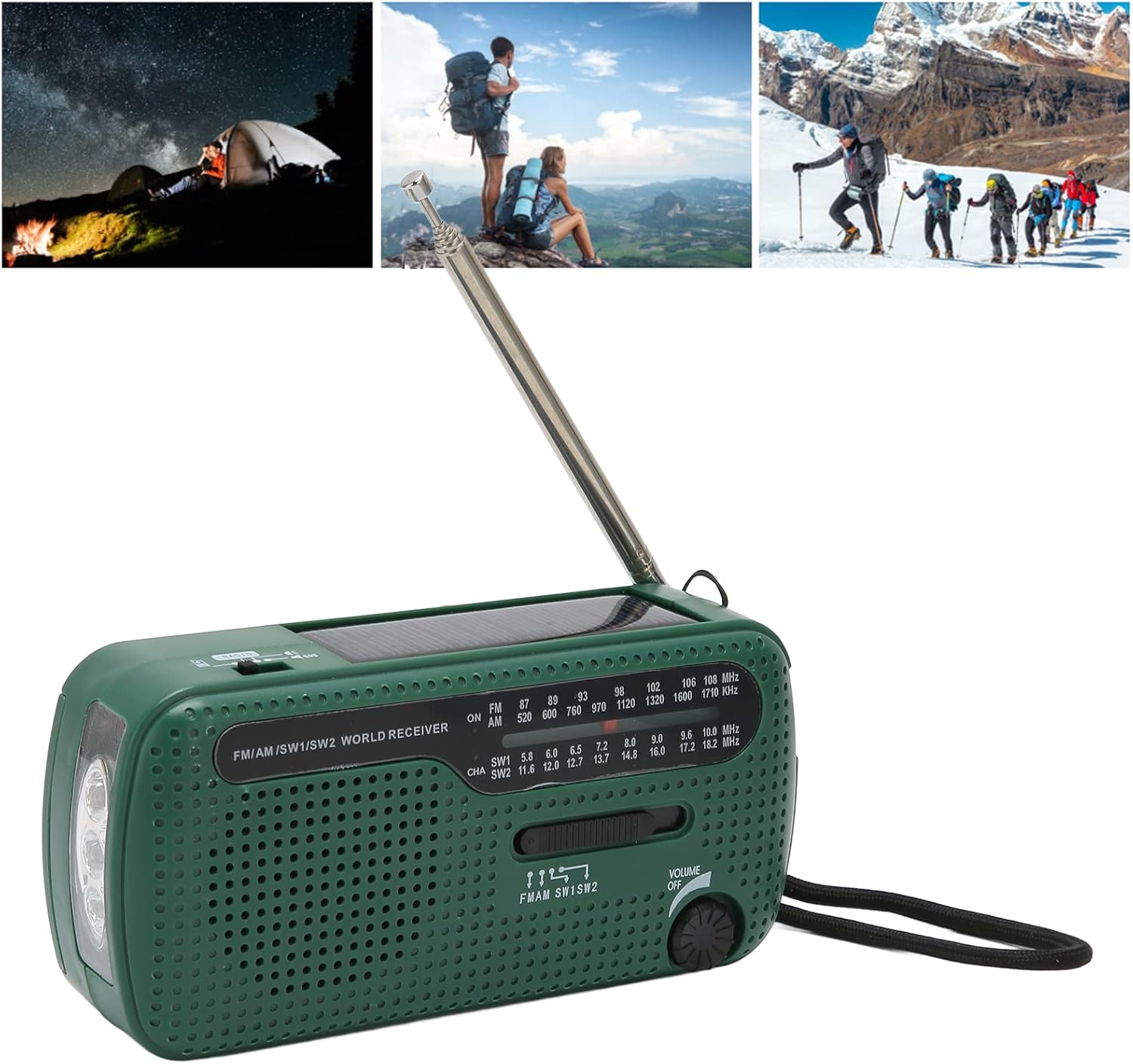 Linterna de emergencia, radio solar de manivela AM FM SW1 SW2 camping linterna LED multibanda camping radio de emergencia para exteriores (verde)