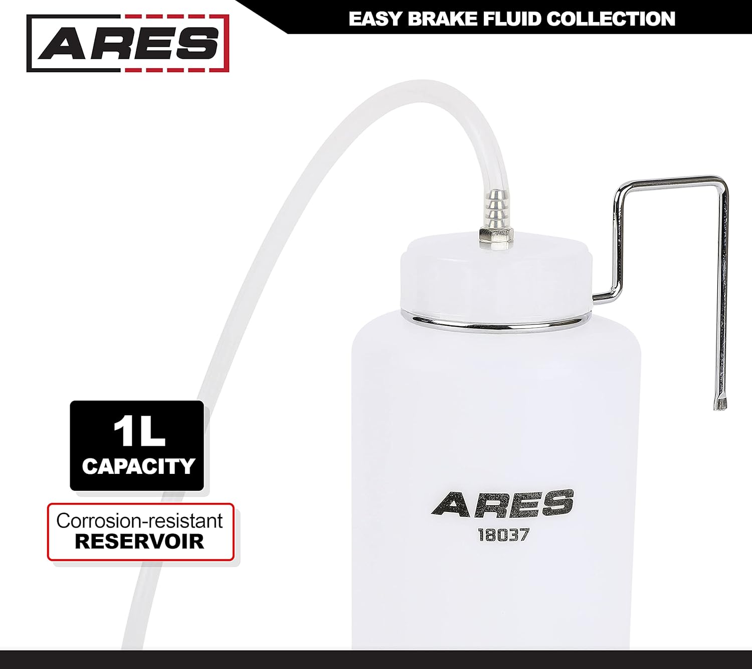 ARES 18037-1L Botella de depósito de líquido de purga de frenos – Captura y contiene líquido de frenos usado – Gancho colgante para un fácil uso –