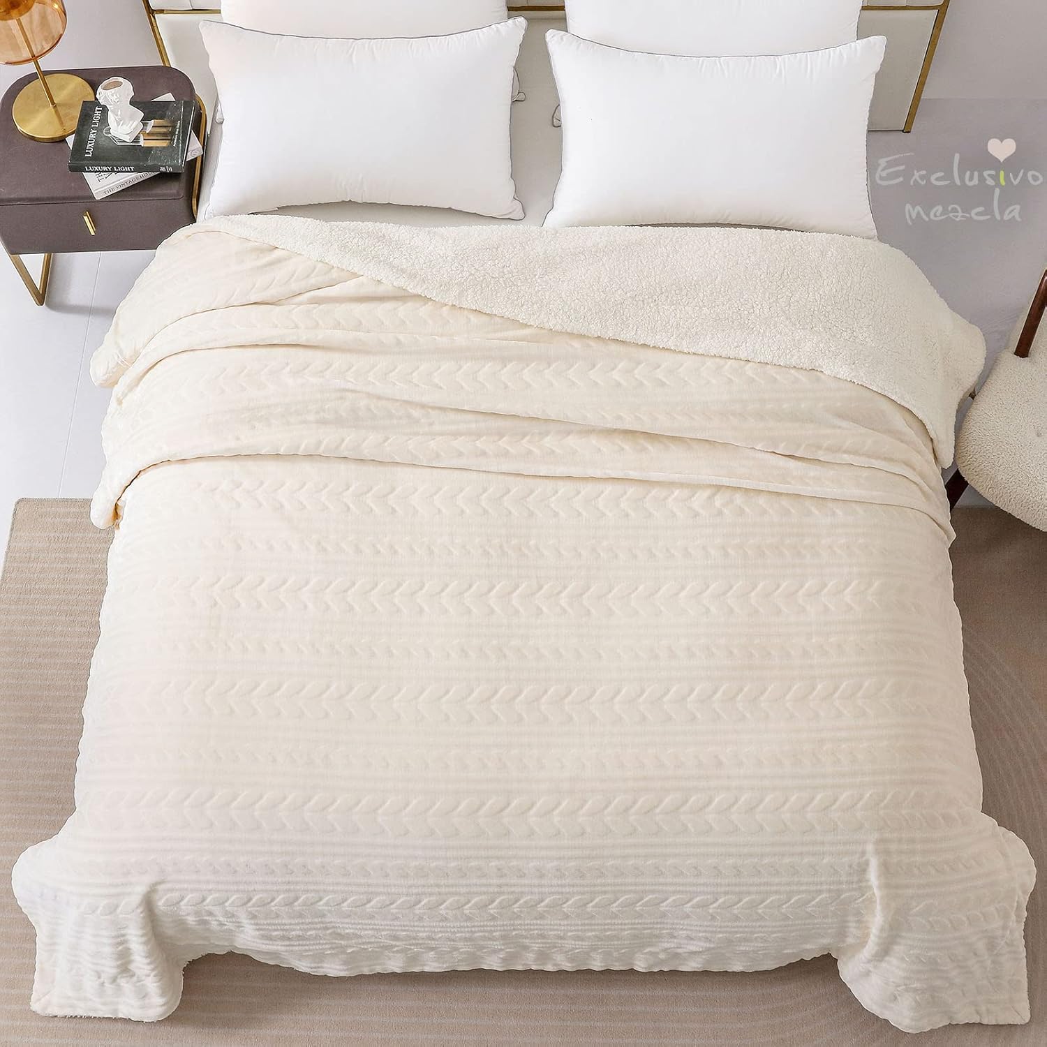 Exclusivo Mezcla Manta de cama de forro polar Sherpa de tamaño individual, mantas cálidas de terciopelo reversible para cama, sofá, 90 x 66