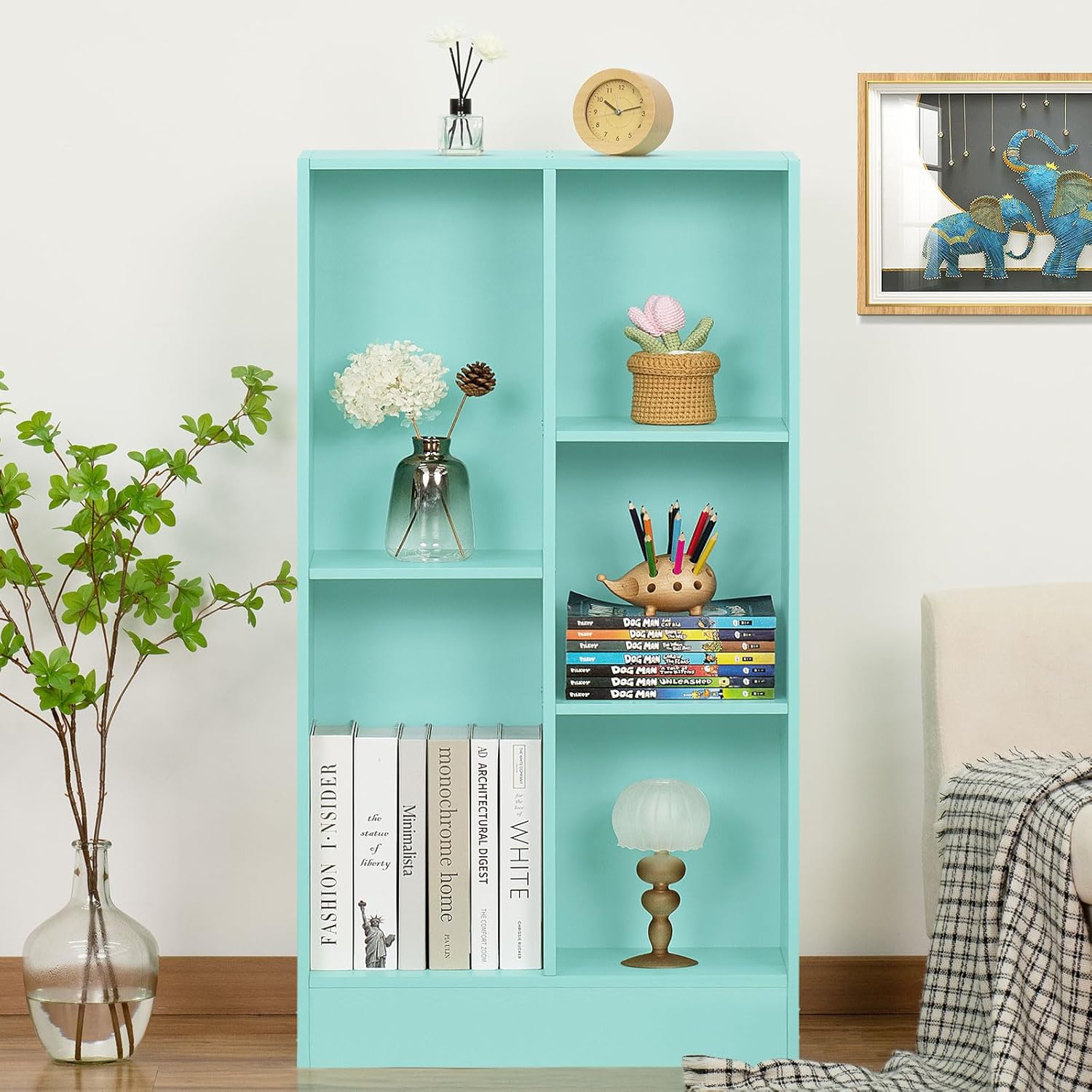 LEYAOYAO Estantería de 5 cubos con base, estantería moderna de 3 niveles verde menta para niños, estantes anchos de pie, estante organizador de