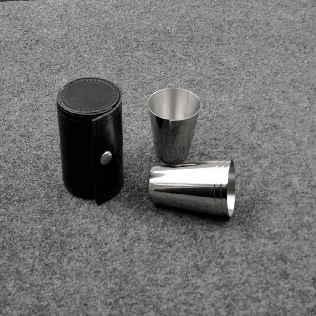 iSavage Vasos de chupito con funda de cuero negro de 1.2 onzas cada juego de 4 vasos de acero inoxidable 188, 1 bolsa reutilizable – YM201