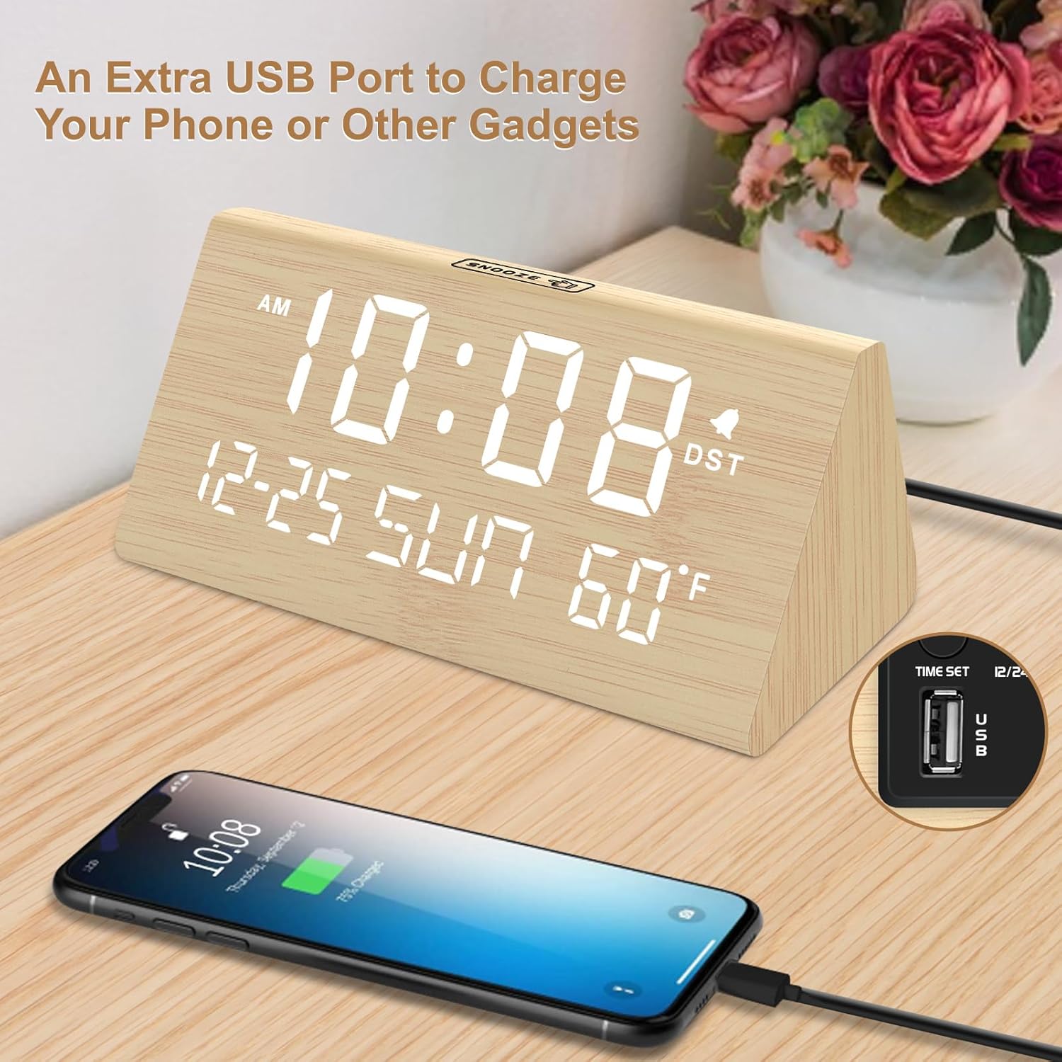 DreamSky Digital Alarm Clocks for Bedrooms – Wooden Electric Clock with USB Ports, Date, Weekday, Temperature, 0-100% Brightness Dimmer, Adjustable