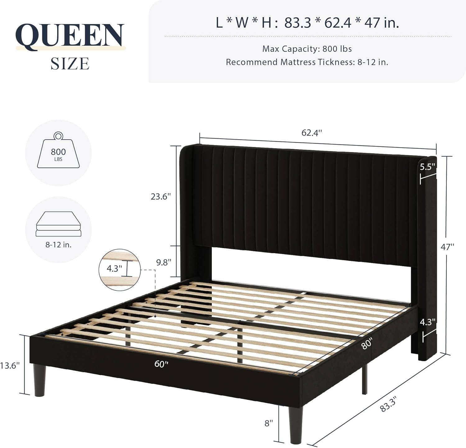 Allewie Marco de cama de terciopelo tamaño Queen, cabecera capitonada con canal vertical, plataforma tapizada, listones de madera fuertes, no
