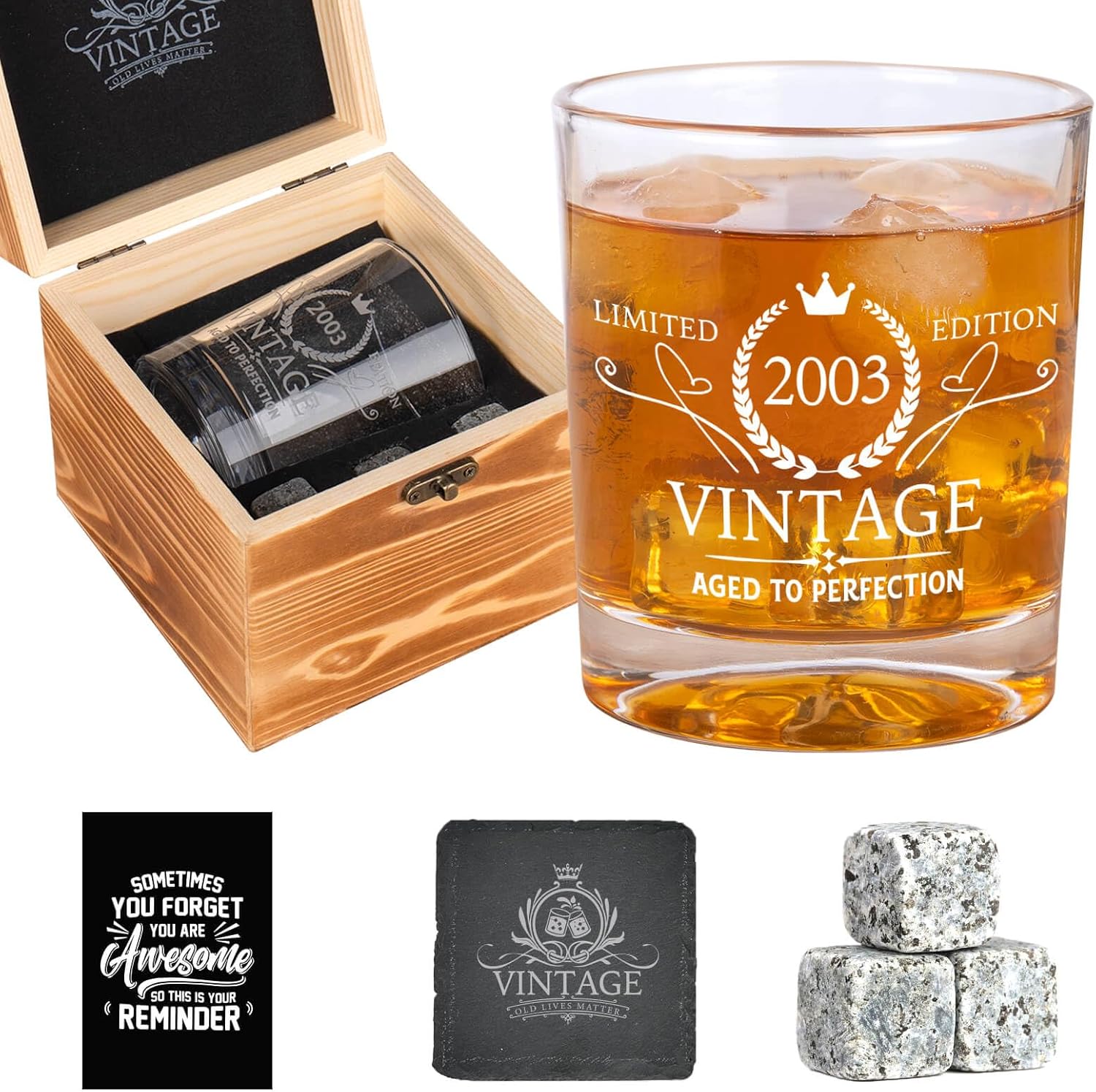 Regalos de cumpleaños 21 para él, vasos de whisky 2003, gafas anticuadas, ideas de regalo de cumpleaños 21, regalos de cumpleaños 21 para él,