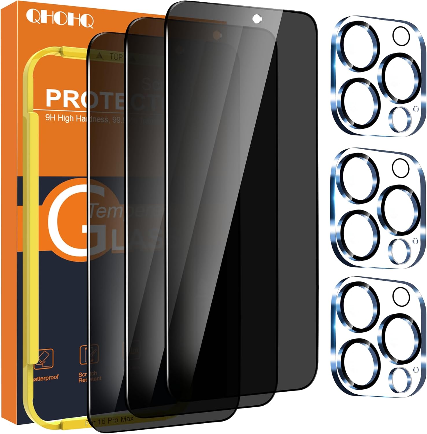 QHOHQ Paquete de 3 protectores de pantalla de privacidad para iPhone 15 Pro Max 6.7 pulgadas con 3 protectores de lente de cámara, película de