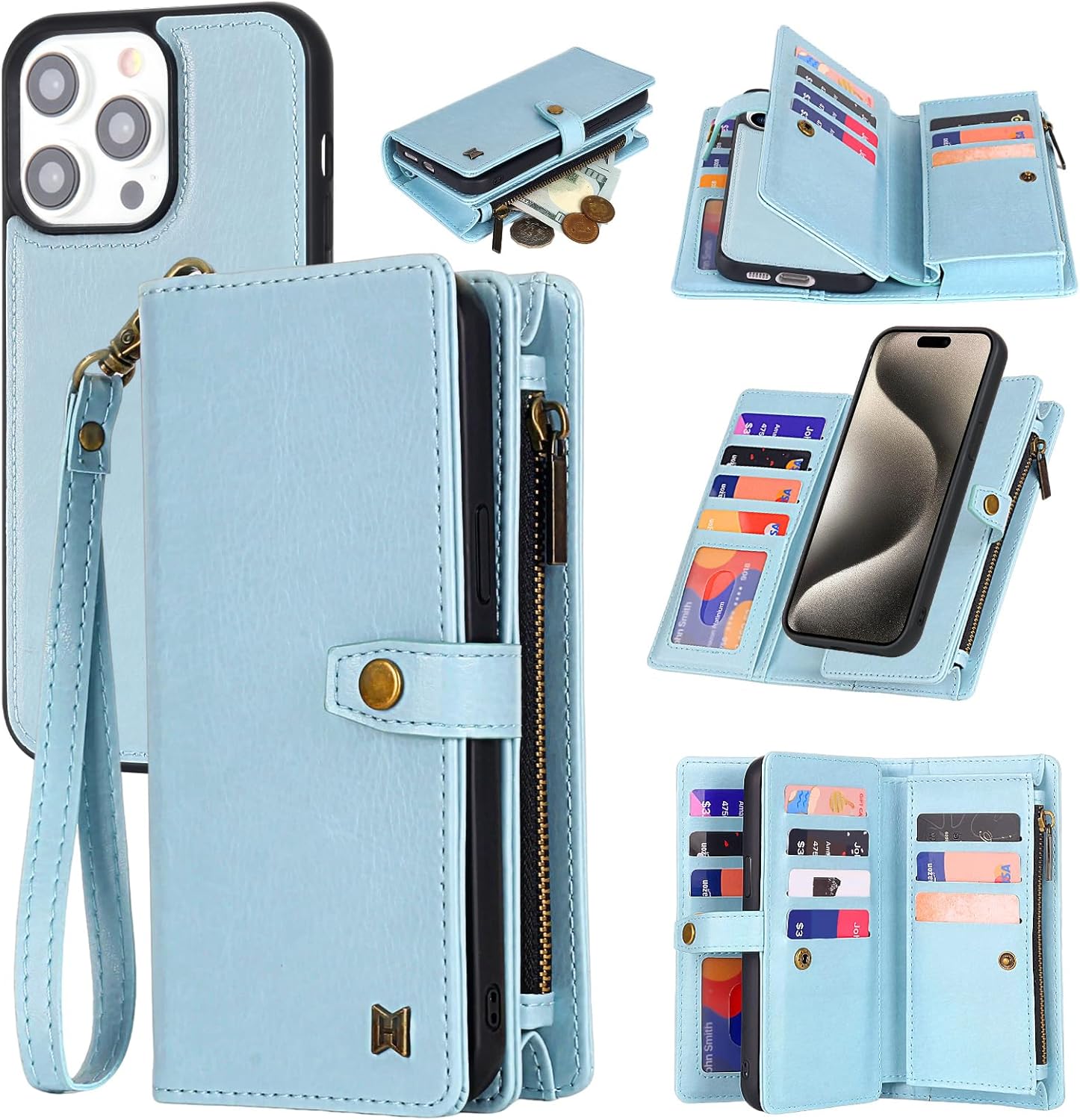 Funda tipo cartera de piel sintética para iPhone 12 Pro Max, multifuncional 2 en 1, magnética, correa de cordón, cremallera, tarjetero (azul claro)