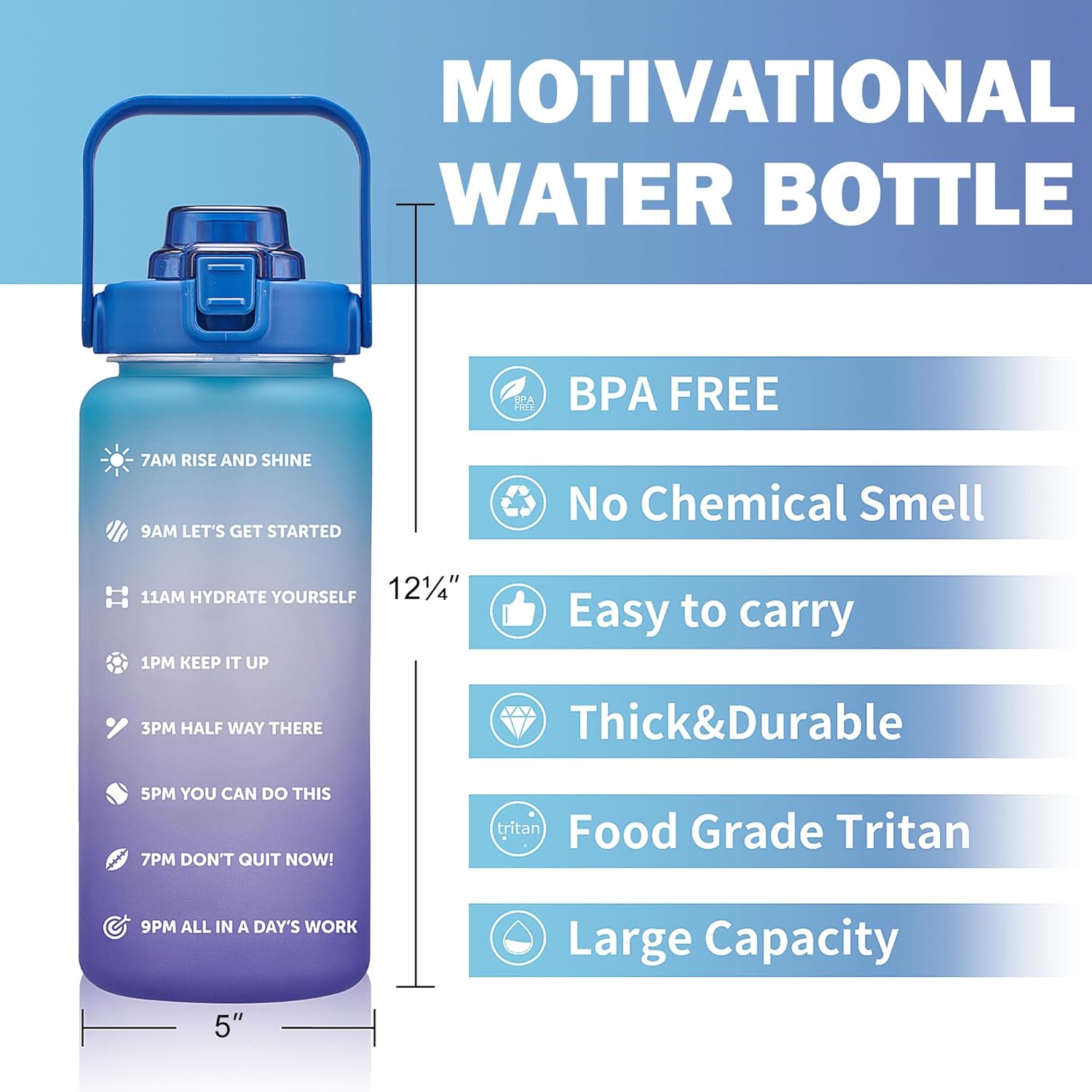 Botella de Agua Motivacional Grande de 64, 100 y 128 onzas, con marcador de tiempo, a prueba de fugas, sin bisfenol A, Botella Grande de agua de