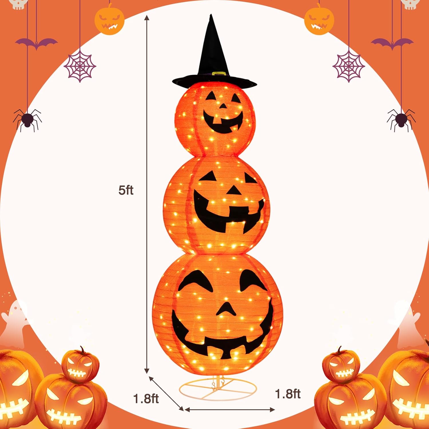HOMGX – Decoraciones de calabaza de Halloween de 5 pies con 180 LED, calabaza iluminada preiluminada para exteriores con sombrero de bruja, calabaza