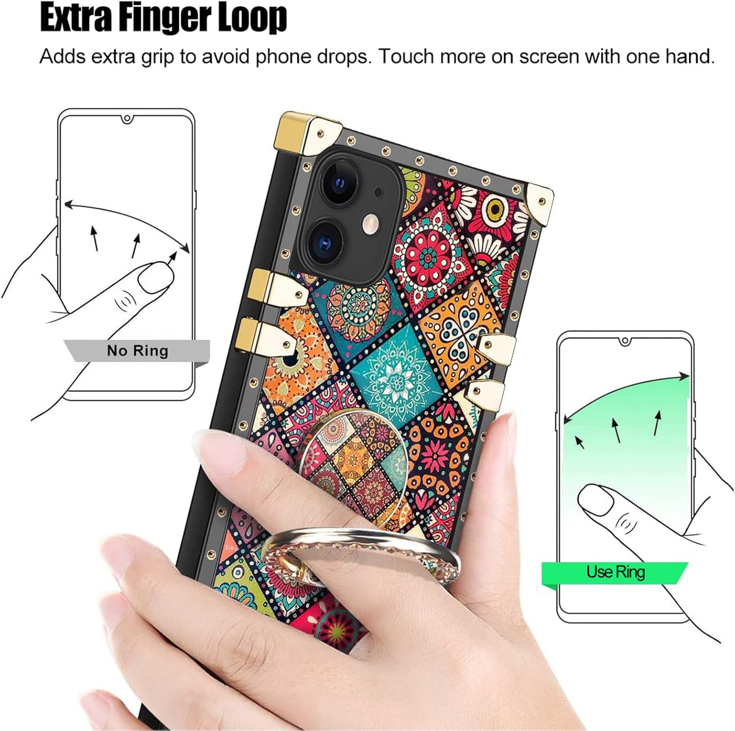 nancheng Funda compatible con iPhone 11 para iPhone 11, bonita funda cuadrada con soporte de anillo, diseño de flores retro, esquinas reforzadas de