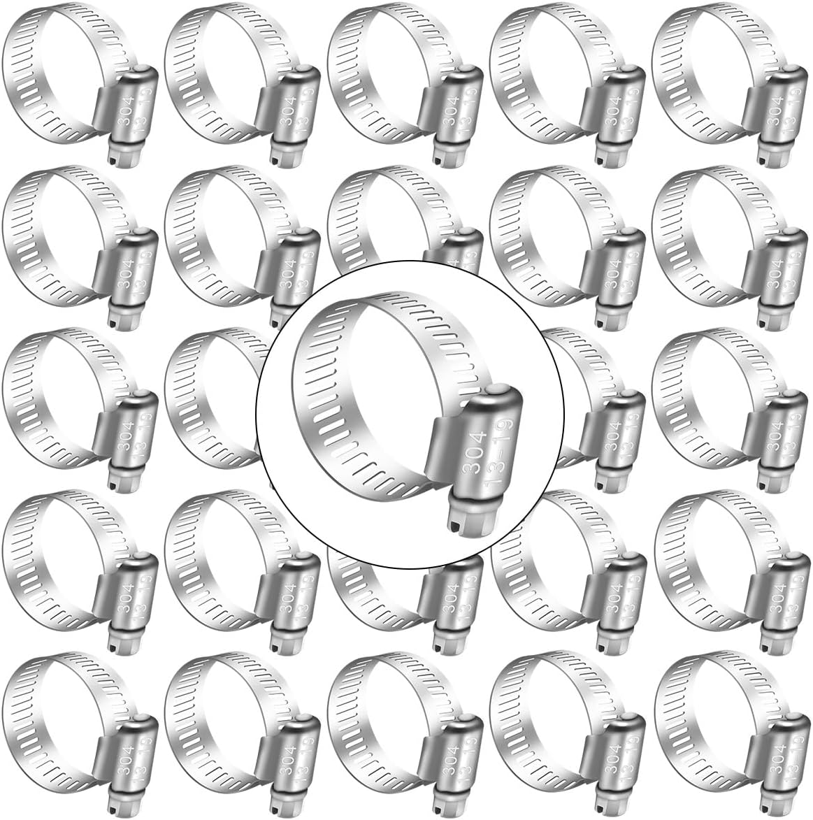 Dianrui 25 abrazaderas de manguera de 12 a 34 pulgadas (0.512-0.748 in) de acero inoxidable 304 de engranaje helicoidal 304 abrazaderas de manguera