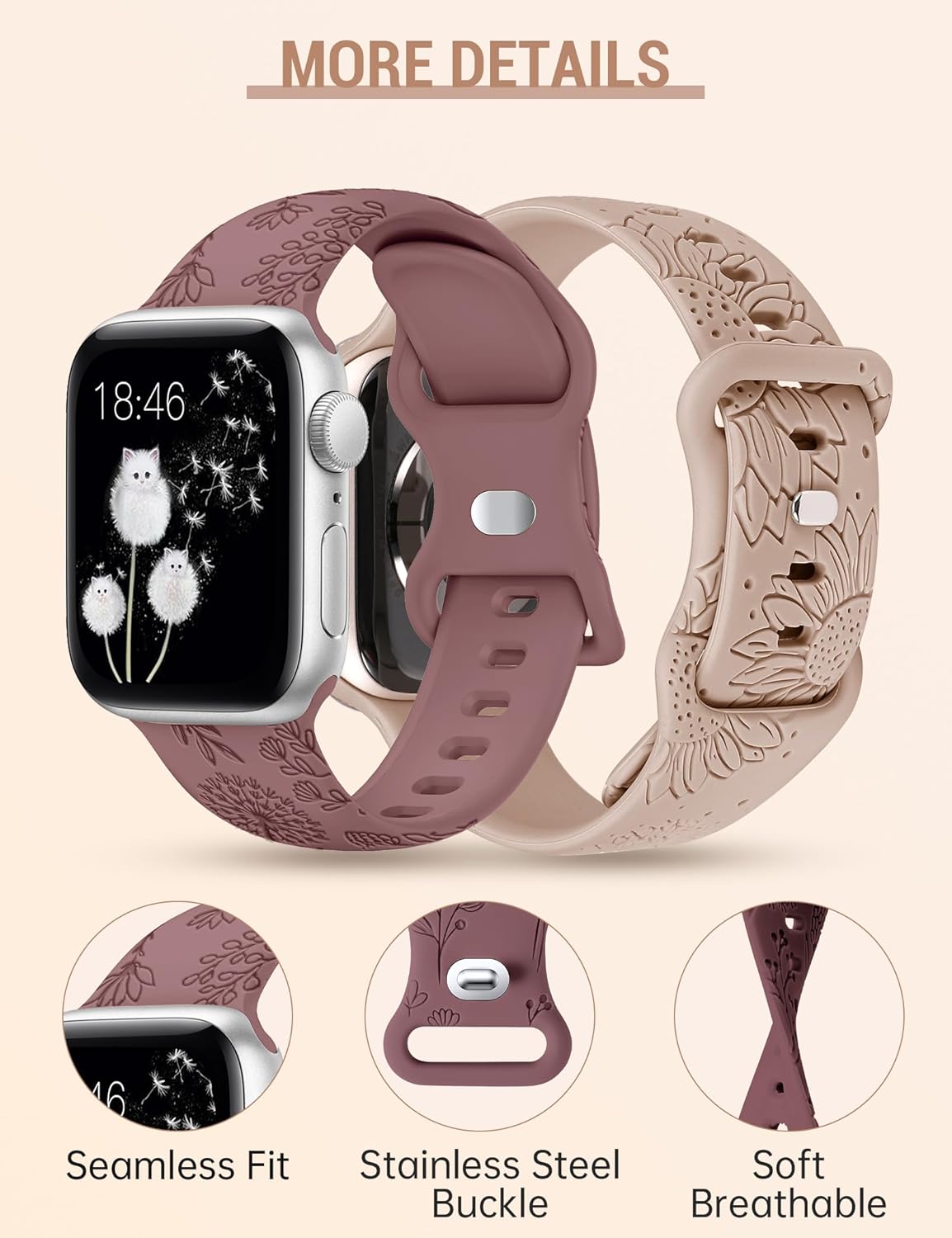 Minyee Paquete de 2 correas con grabado floral compatibles con correas de Apple Watch de 1.614 in, 1.575 in, 1.496 in, 1.732 in, 1.772 in, 1.654 in,