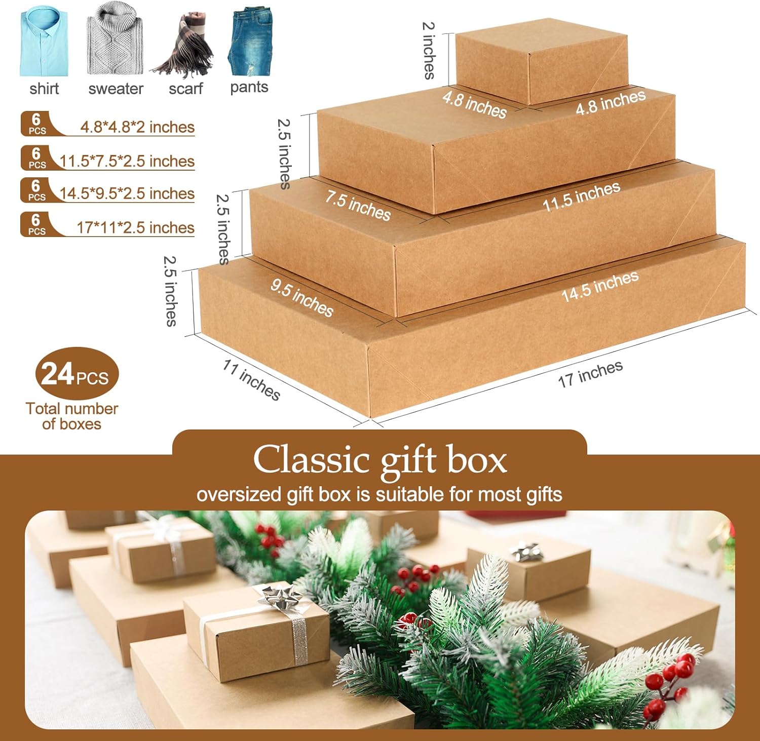 joyhalo Paquete de 24 cajas de regalo con tapas para regalos, cajas de regalo de Navidad de papel kraft de varios tamaños a granel para ropa,