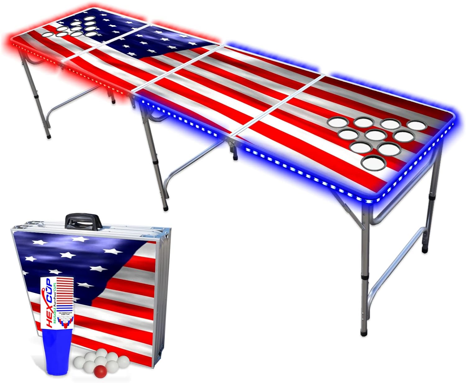 Mesa de pong plegable de 8 pies con HEXCUPs, elige el tamaño de la mesa (estándar o delgada) y opciones (base, agujeros para tazas, luces LED, o