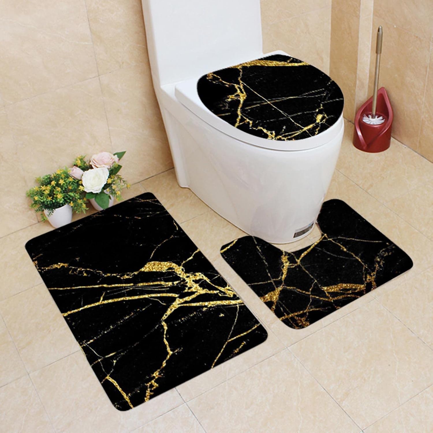 PMUYBHF Juego de 3 alfombras de baño con contorno en forma de U, antideslizante, tapete de baño de espuma viscoelástica + cubierta de tapa de