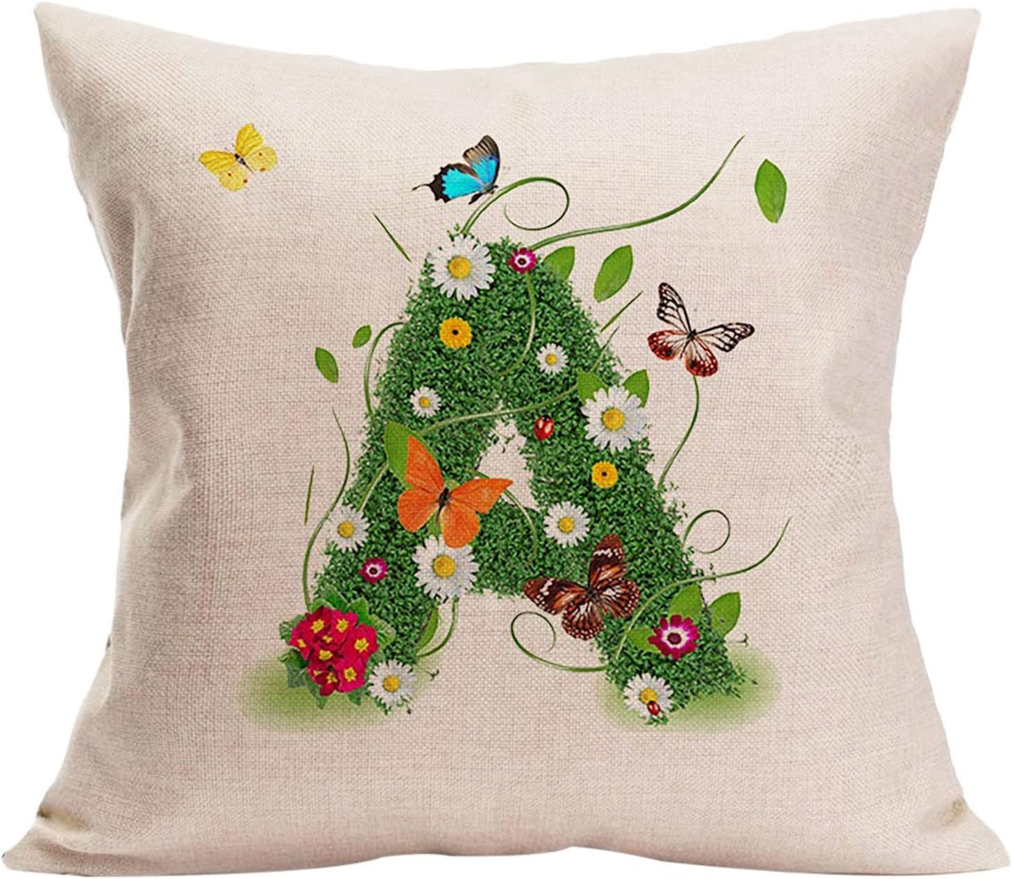Fundas de almohada de 18 x 18 pulgadas, fundas de almohada de verano para exteriores, diseño de pétalos de hierba, monograma, letras del alfabeto