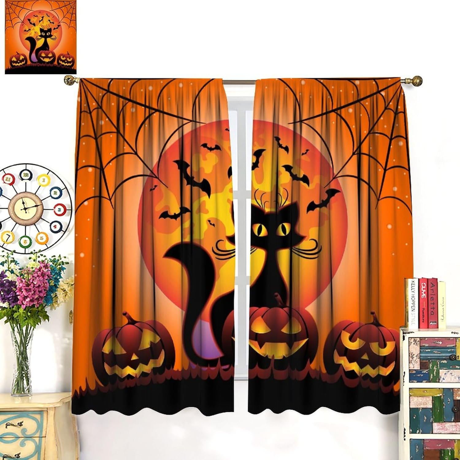 Cortinas de Halloween con diseño de gato negro, murciélagos góticos, araña, terror, fantasma, naranja, luna llena, noche de feliz Halloween,