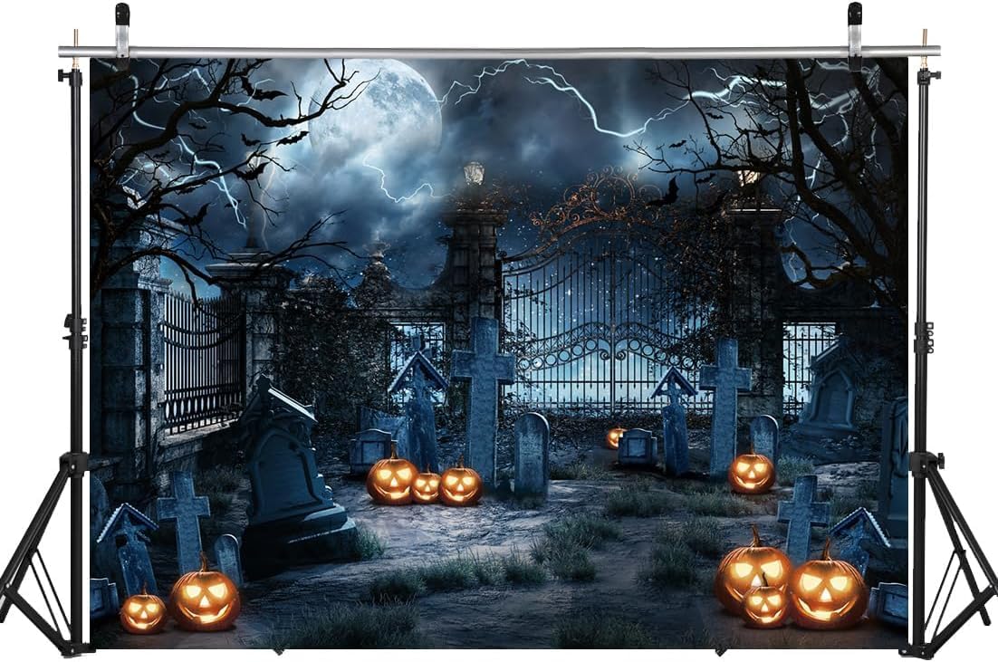 WOLADA Telón de fondo de Halloween de 7 x 5 pies, telón de fondo espeluznante para cementerio, telón de fondo de luna llena, terror, nube oscura,