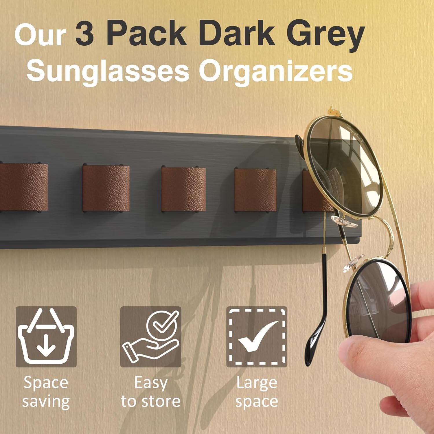 Paquete de 3 organizadores de lentes de sol, organizador de lentes de sol montado en la pared, soporte de madera para lentes de sol, soporte para