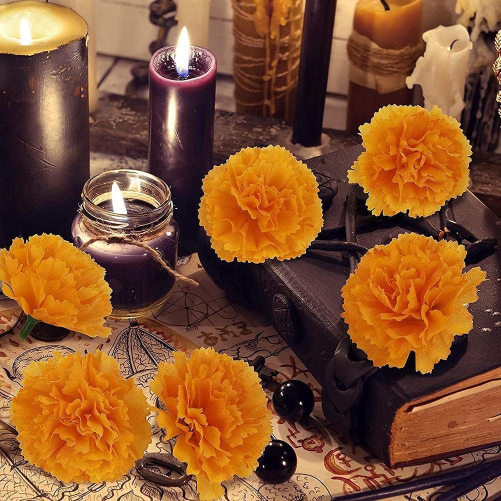 30 flores artificiales de caléndula, cabezas de flores de caléndula de seda a granel, decoraciones de flores de caléndula naranja para festivales